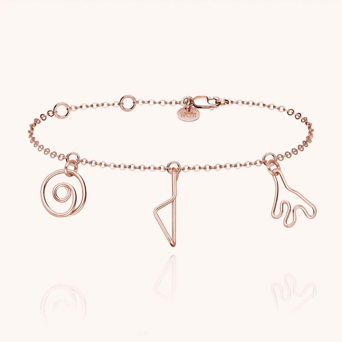 Trio Corsica Charms Bracelet in 14k rose gold-filled wire, three hanging charms