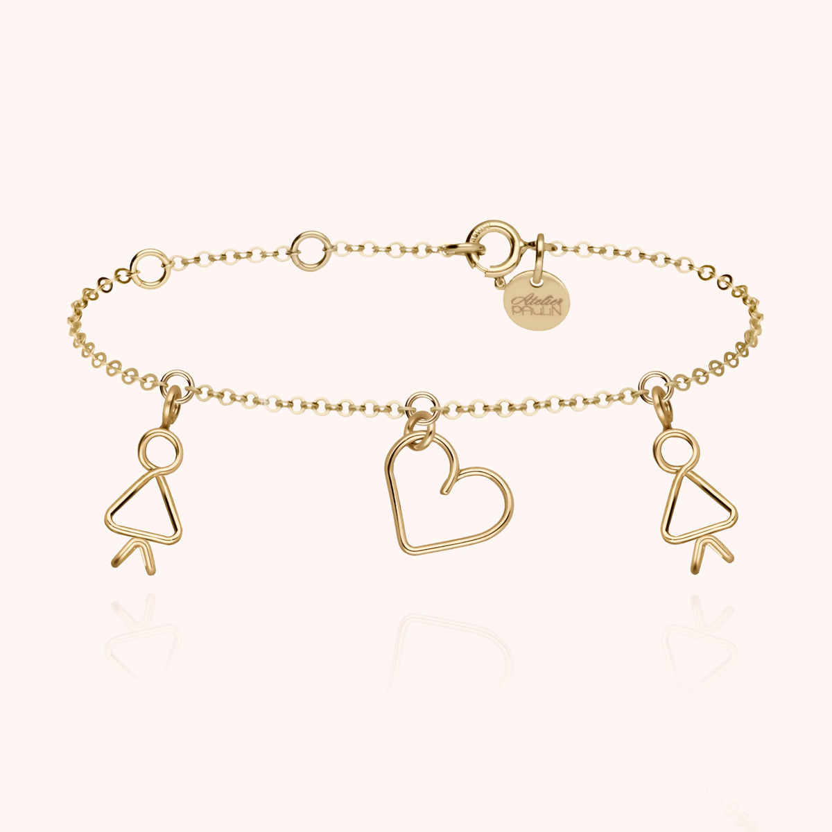 Bracciale Charms Trio Family in filo d'oro giallo laminato 14k, charm silhouette e cuore