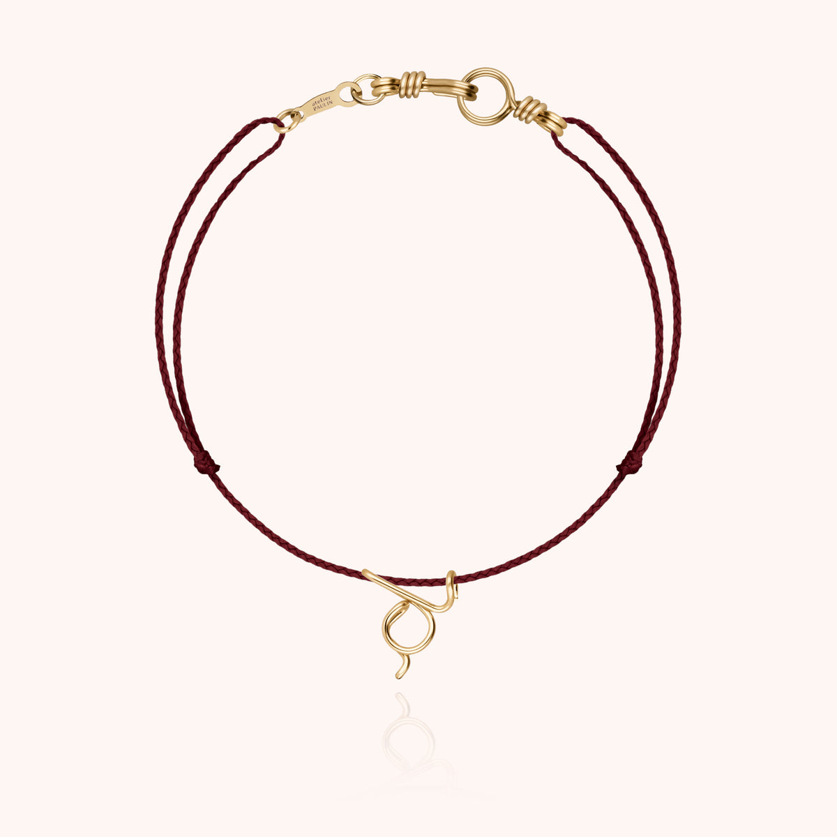 Armband Kordel Uni Initiale Mini Attache moi „D" aus 18 Karat Gelbgold, Kordel Pflaume
