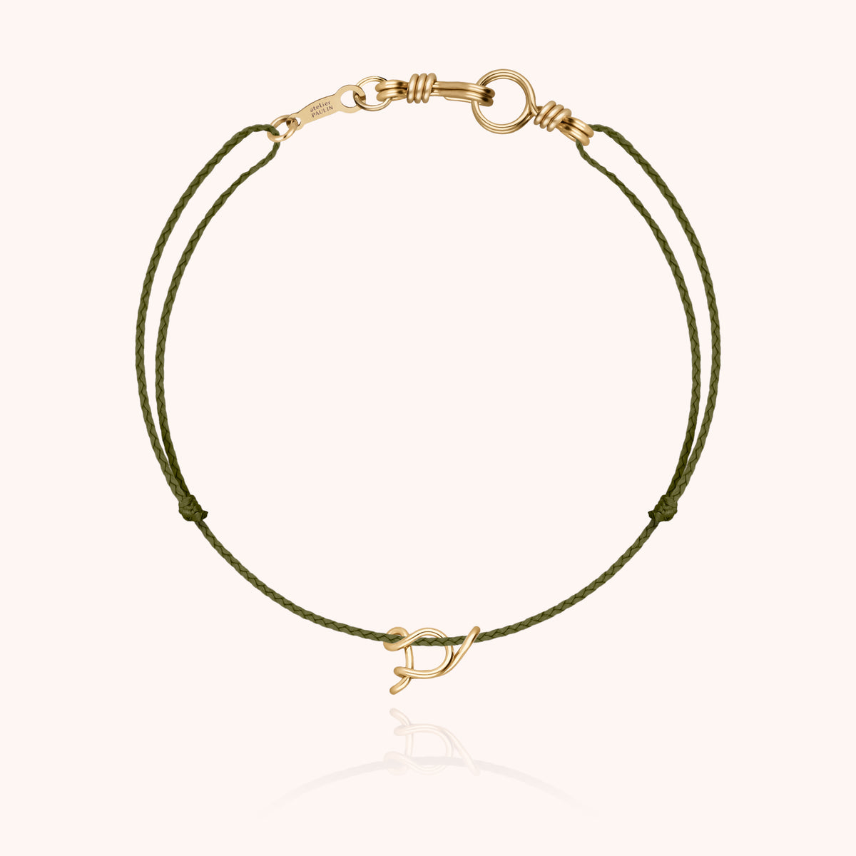 Armband Kordel Uni Initiale Mini Attache moi „S" aus 18 Karat Gelbgold, Kordel Khaki