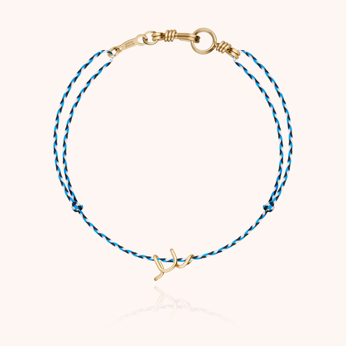 Bracciale Cordino Slim Knot Iniziale Mini Attache moi « U » in filo d'oro giallo 18kt, cordino blu