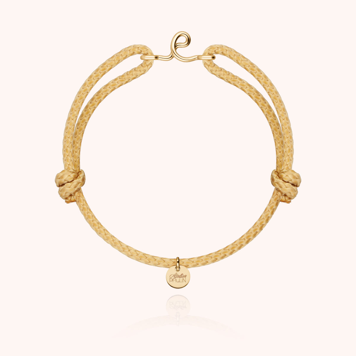 Bracciale Cordino Cerato Iniziale Uomo « E » in filo d'oro giallo laminato 14k, cordino beige naturale