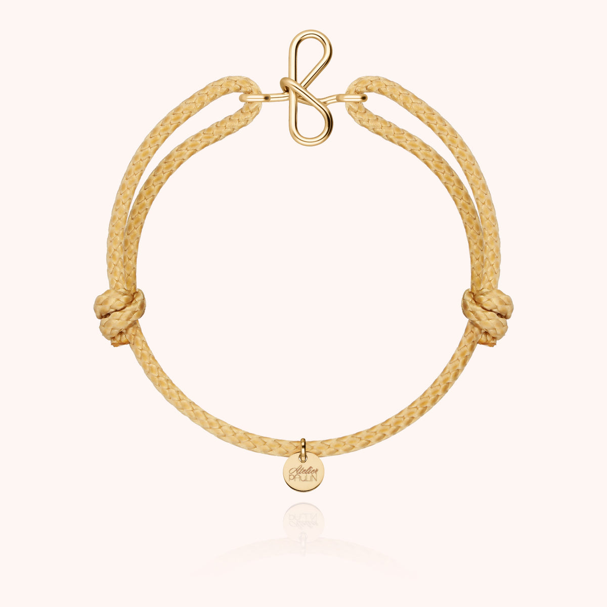 Bracciale Cordino Cerato Iniziale Uomo « F » in filo d'oro giallo laminato 14k, cordino beige naturale