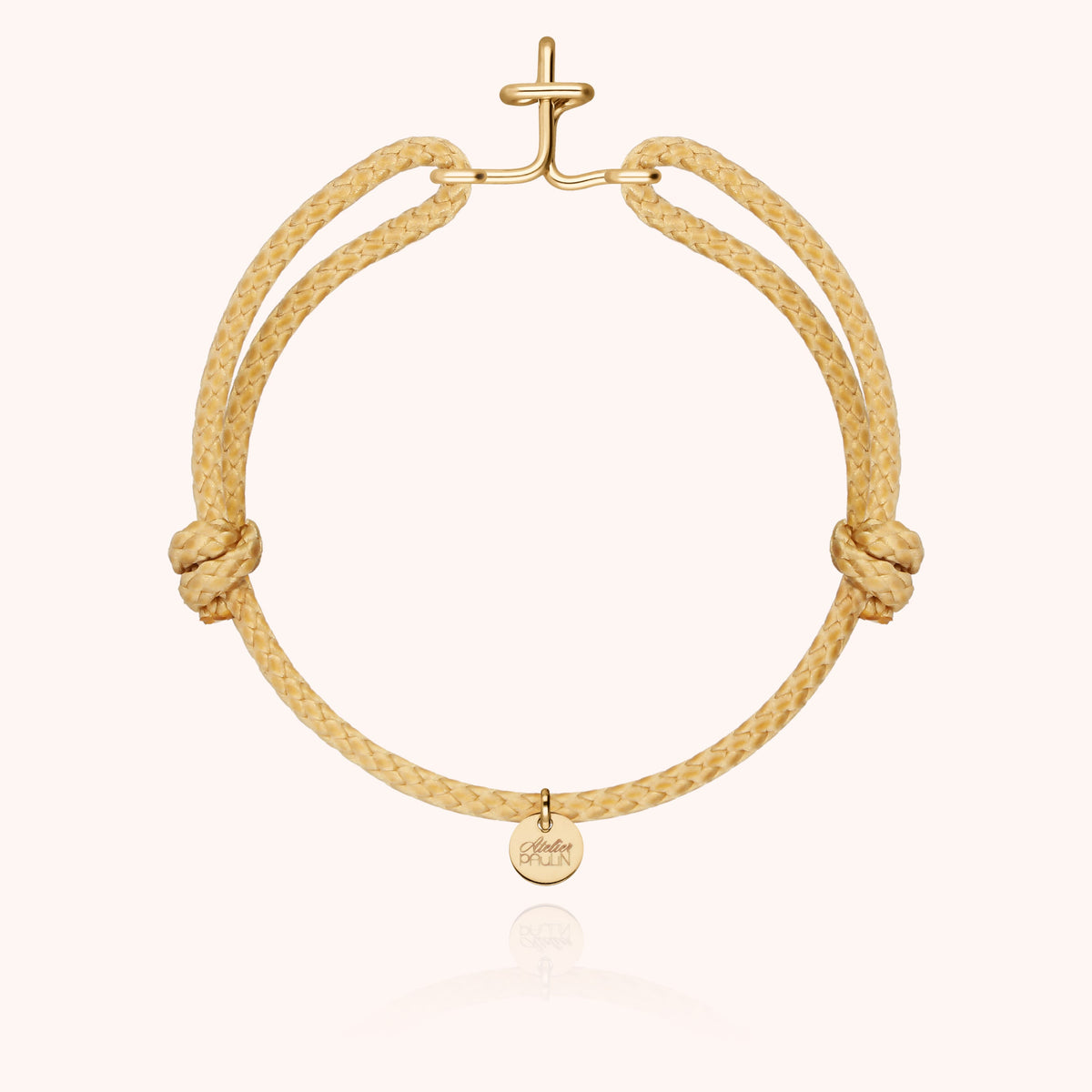 Bracciale Cordino Cerato Iniziale Uomo « T » in filo d'oro giallo laminato 14k, cordino beige naturale