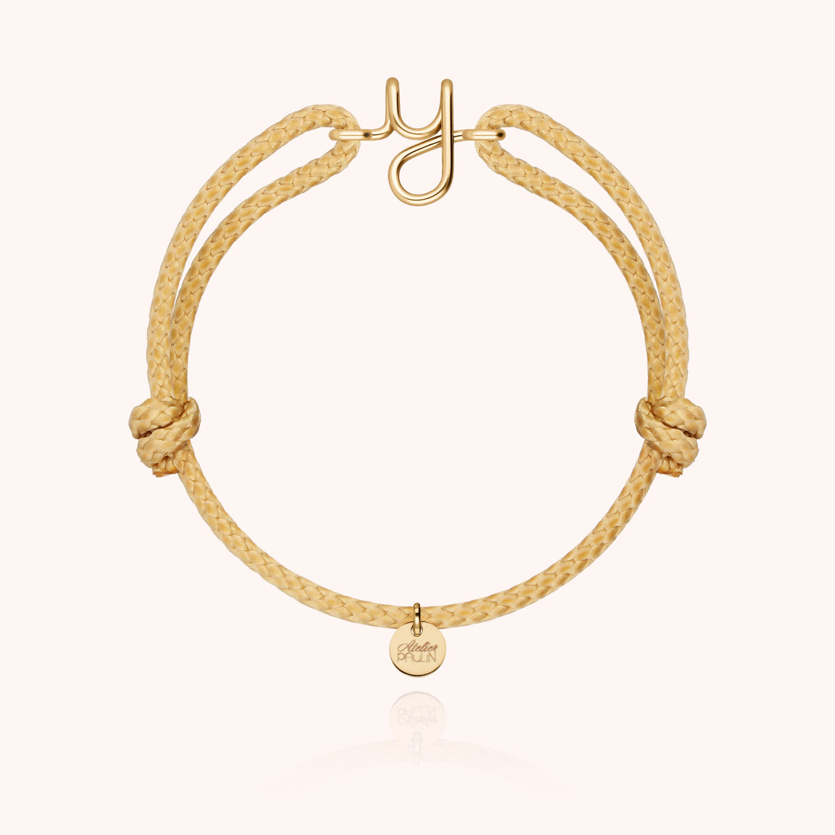 Bracciale Cordino Cerato Iniziale Uomo « Y » in filo d'oro giallo laminato 14k, cordino beige naturale