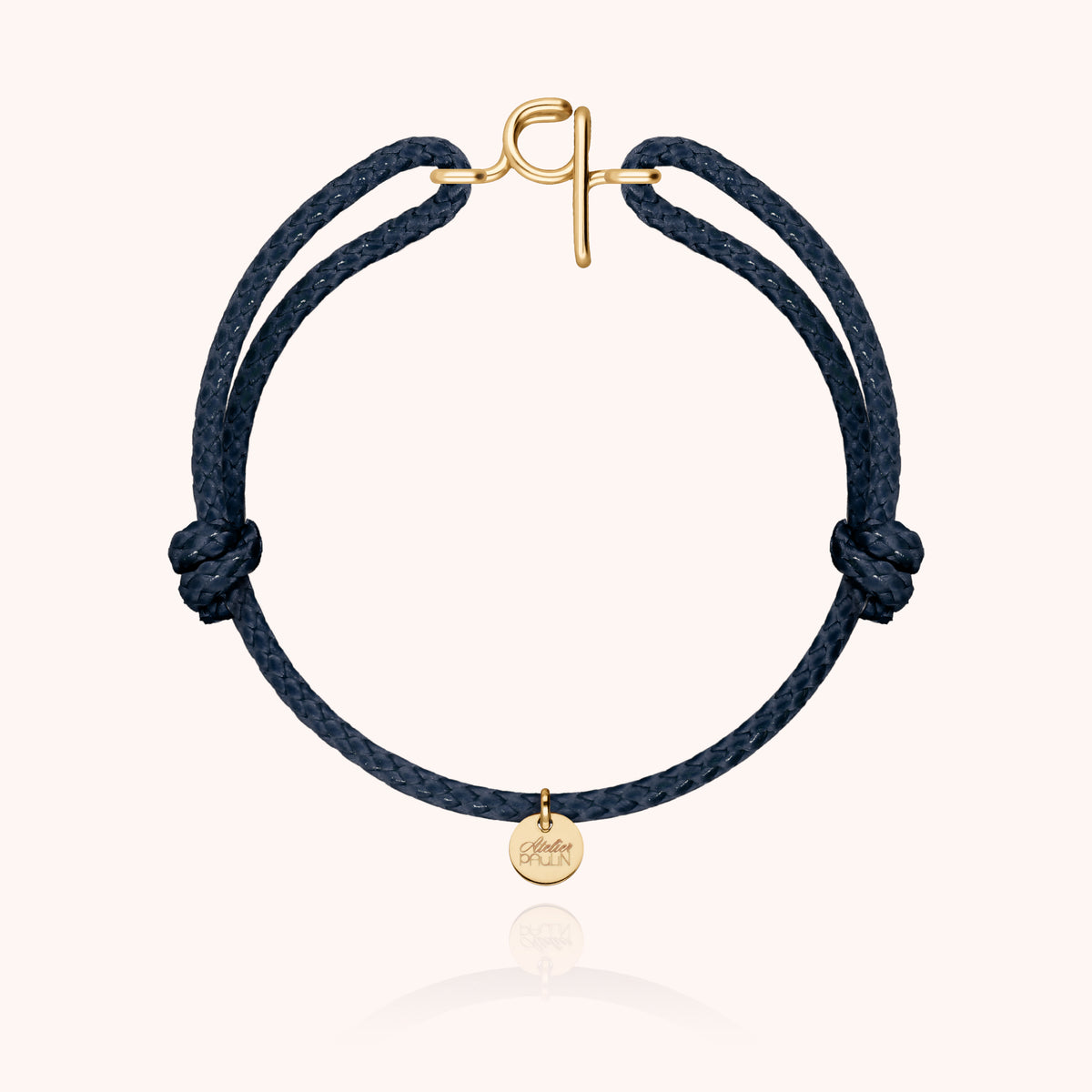 Bracciale Cordino Cerato Iniziale Uomo « Q » in filo d'oro giallo laminato 14k, cordino blu navy