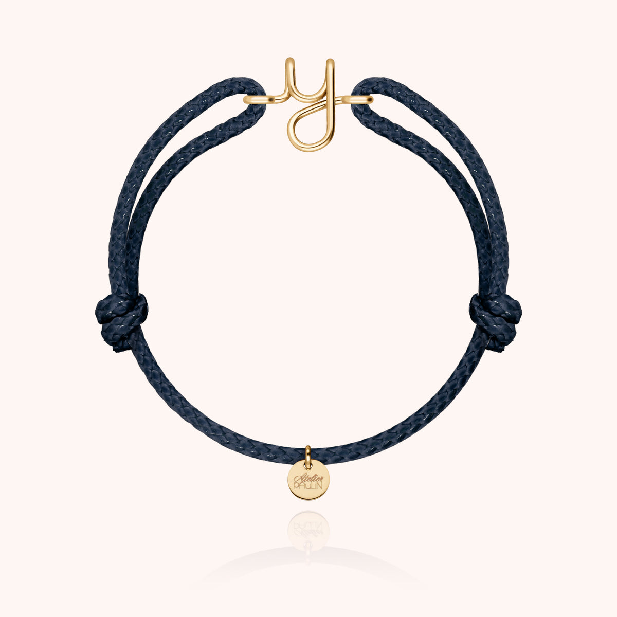 Bracciale Cordino Cerato Iniziale Uomo « Y » in filo d'oro giallo laminato 14k, cordino blu navy