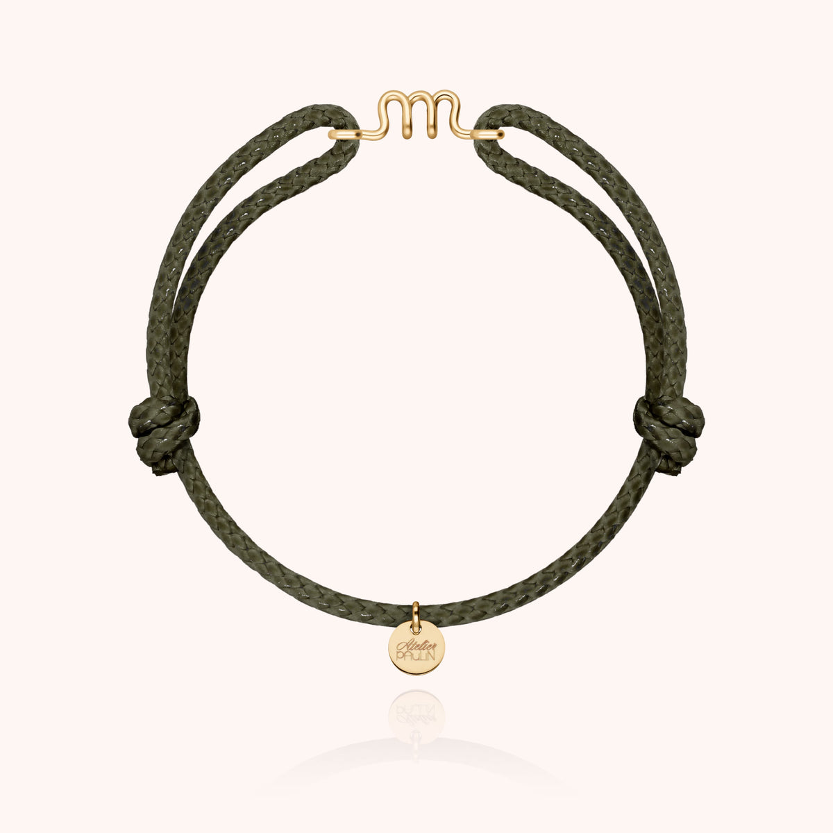 Bracciale Cordino Cerato Iniziale Uomo « M » in filo d'oro giallo laminato 14k, cordino kaki