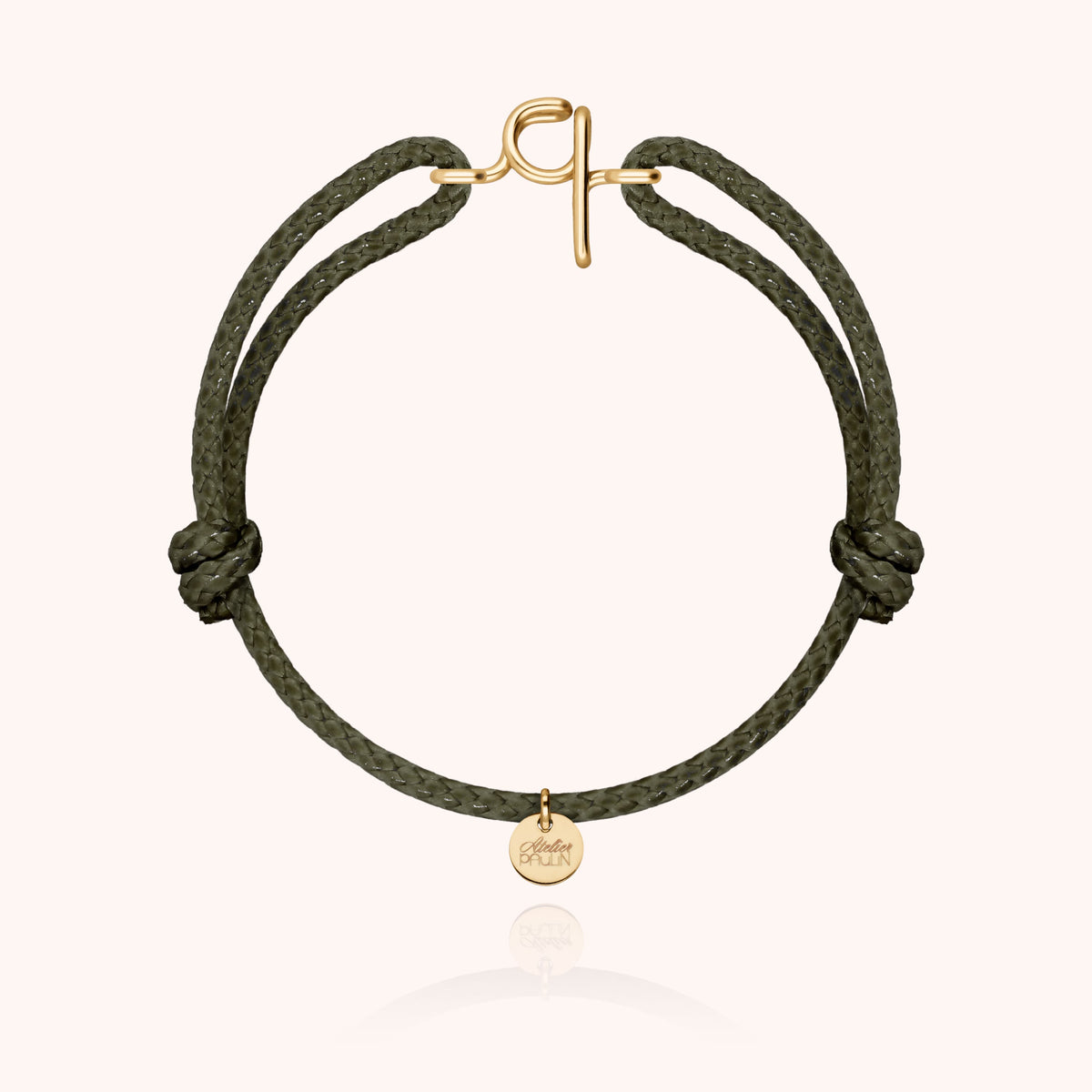 Bracciale Cordino Cerato Iniziale Uomo « Q » in filo d'oro giallo laminato 14k, cordino kaki