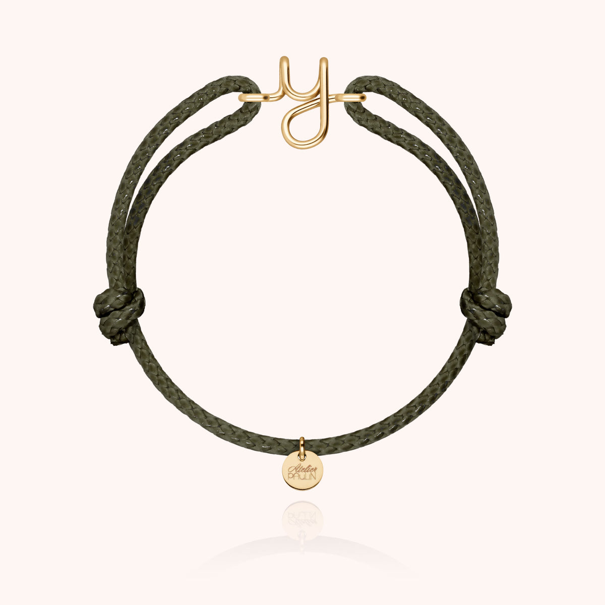 Bracciale Cordino Cerato Iniziale Uomo « Y » in filo d'oro giallo laminato 14k, cordino kaki