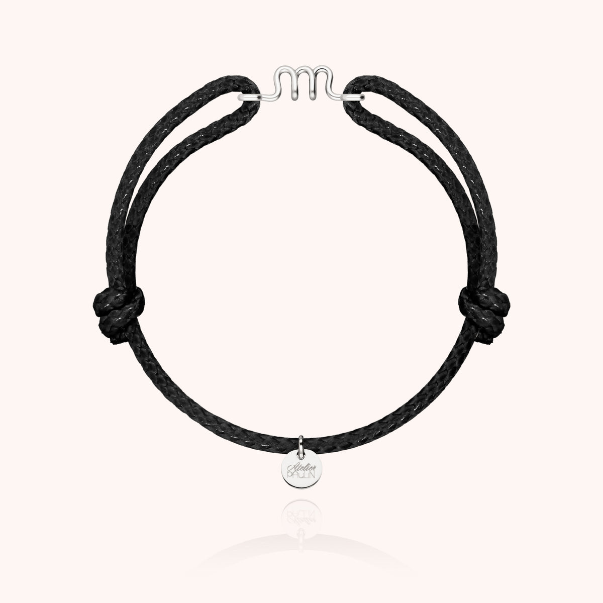 Armband Wachskordel Initiale für Herren „M" aus 925 Sterlingsilber, schwarze Kordel