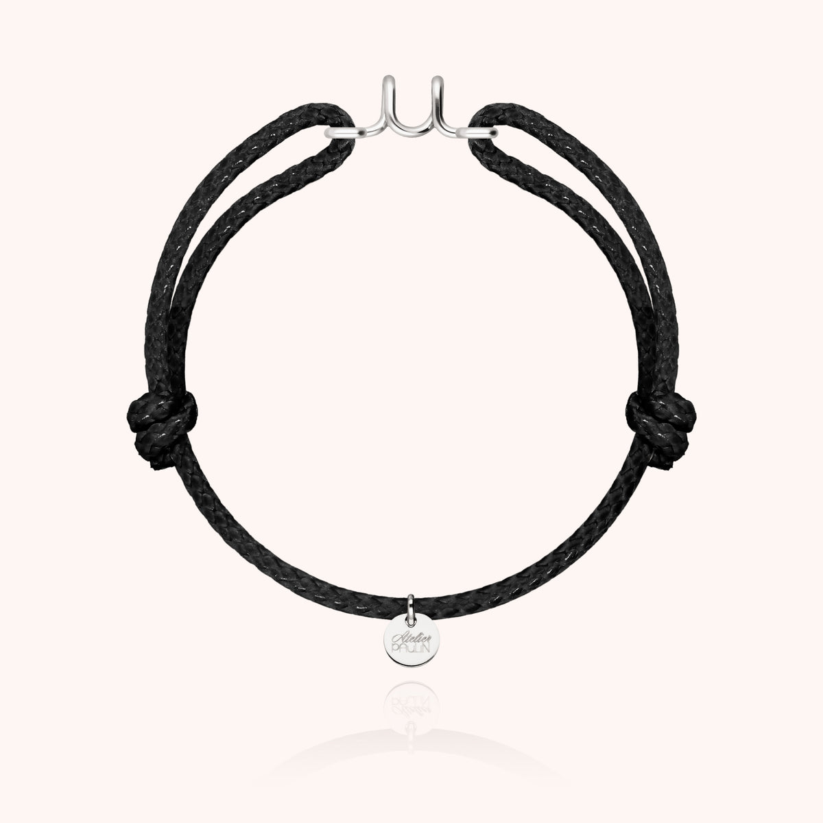 Armband Wachskordel Initiale für Herren „U" aus 925 Sterlingsilber, schwarze Kordel
