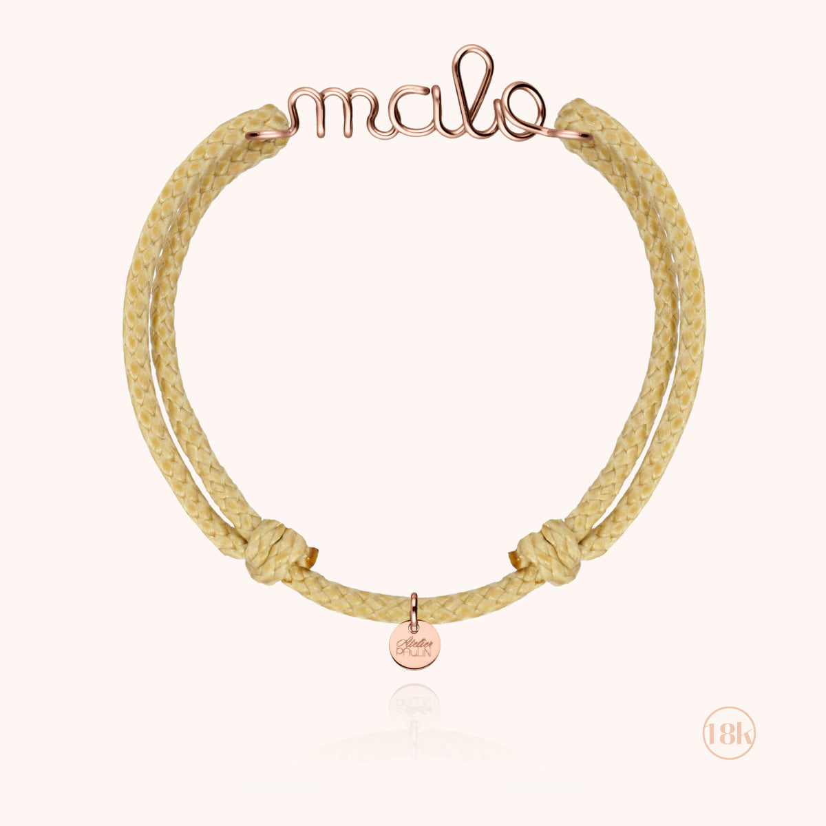 Primo piano del filo d'oro rosa 18kt su Bracciale Cordino Cerato Personalizzato Uomo