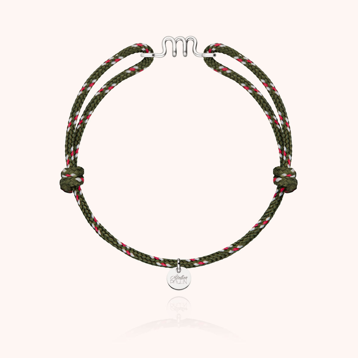 Bracelet Cordon Knot Initiale Homme « M » en argent sterling 925, cordon kaki