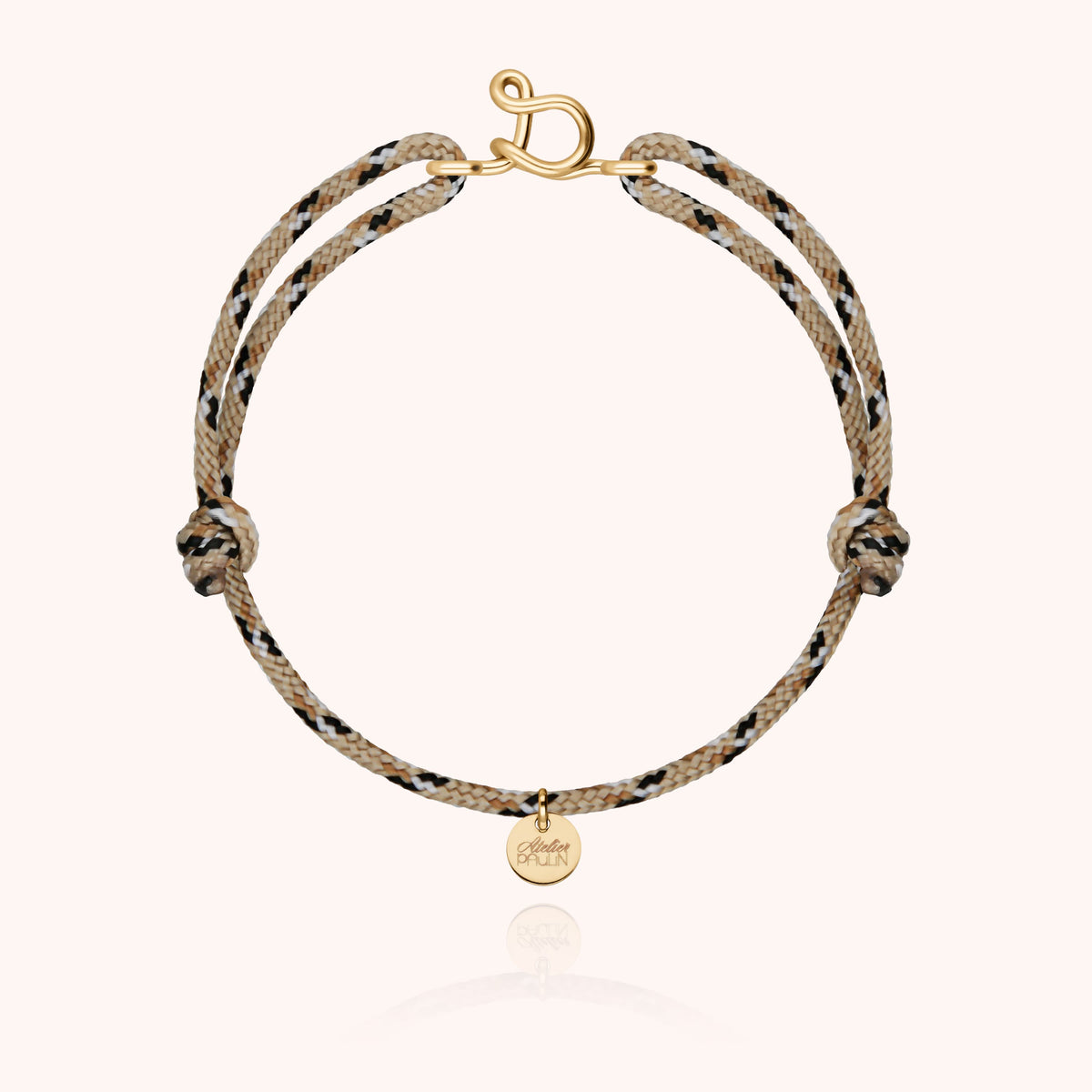 Bracciale Cordino Knot Iniziale Uomo « S » in filo d'oro giallo laminato 14k, cordino beige
