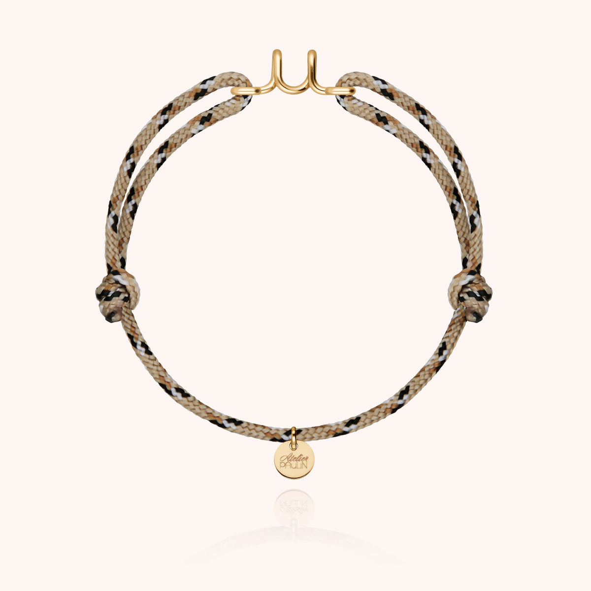 Bracciale Cordino Knot Iniziale Uomo « U » in filo d'oro giallo laminato 14k, cordino beige
