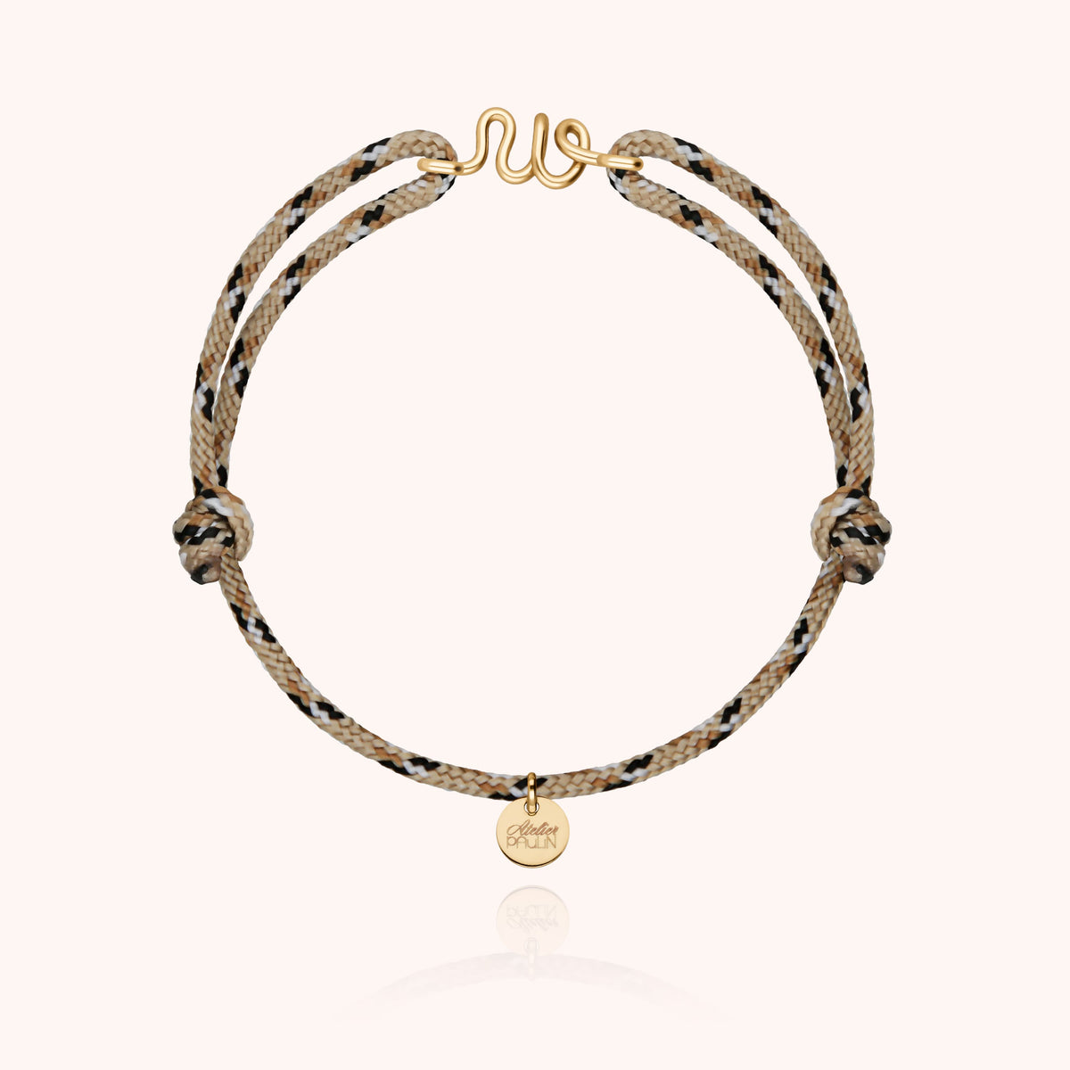 Bracciale Cordino Knot Iniziale Uomo « W » in filo d'oro giallo laminato 14k, cordino beige