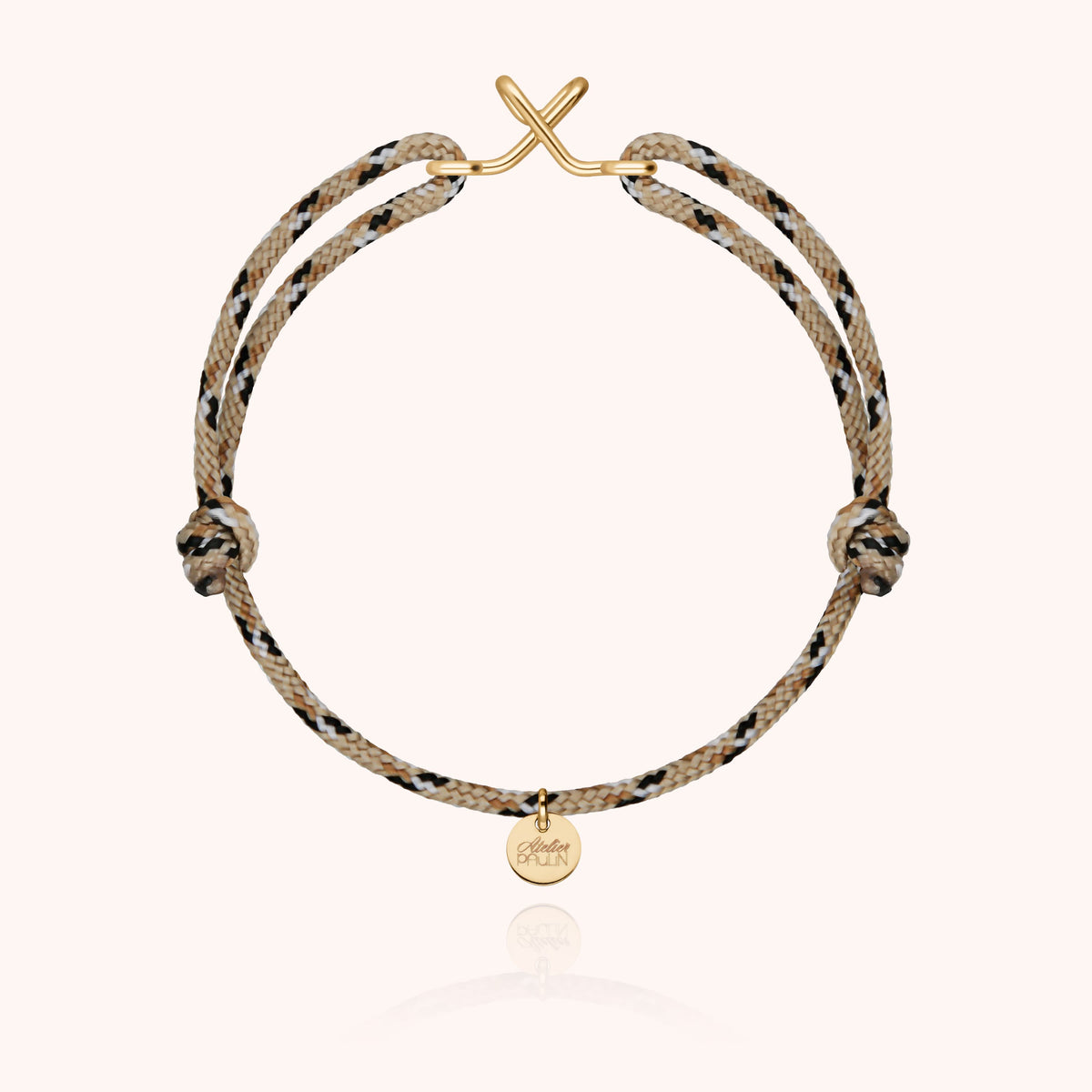 Bracciale Cordino Knot Iniziale Uomo « X » in filo d'oro giallo laminato 14k, cordino beige