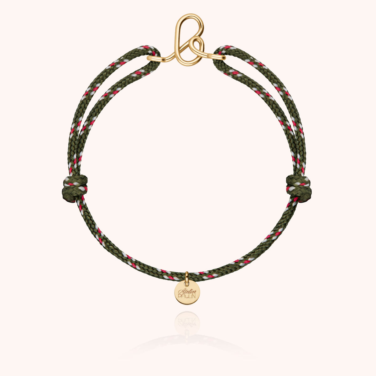 Bracciale Cordino Knot Iniziale Uomo « B » in filo d'oro giallo laminato 14k, cordino kaki