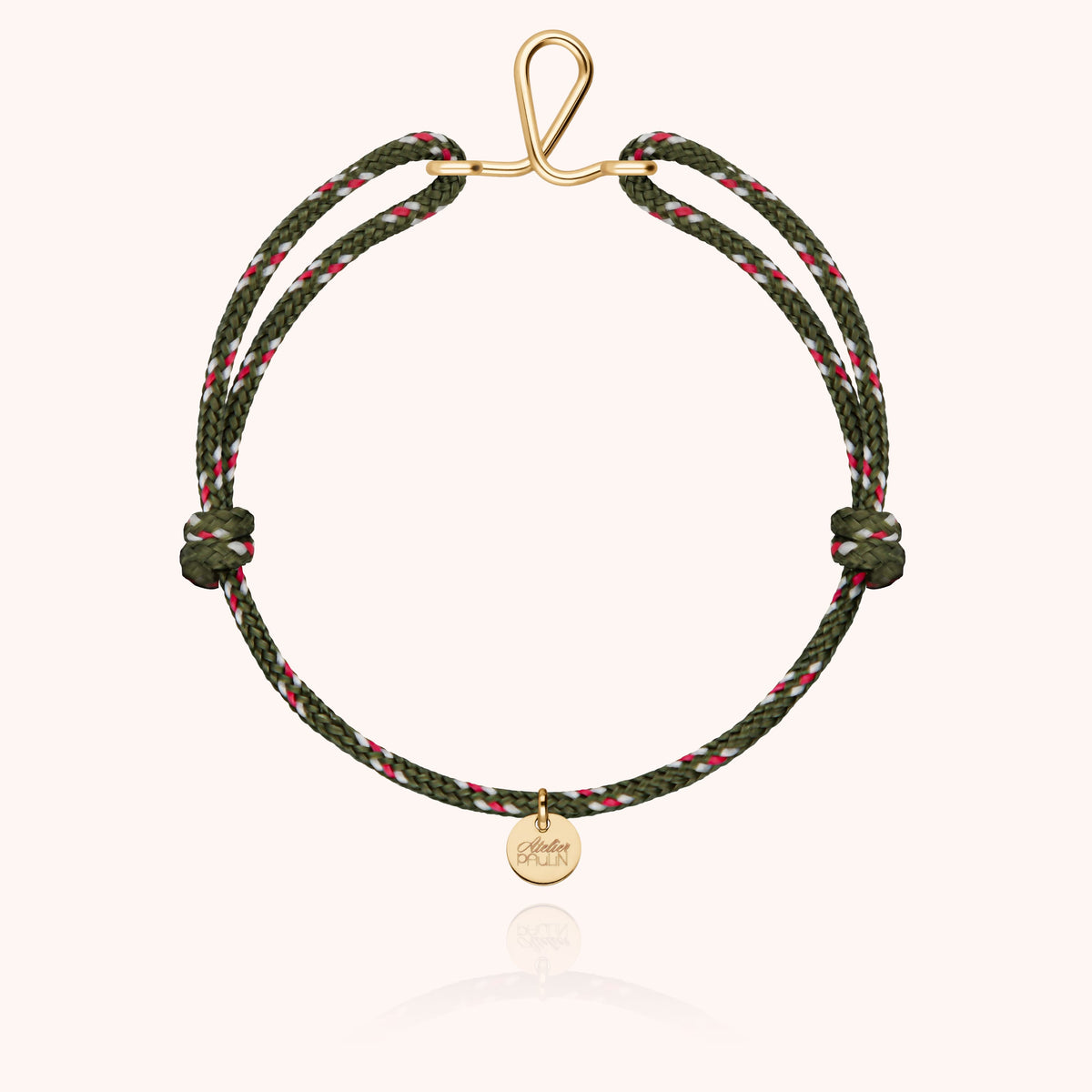 Bracciale Cordino Knot Iniziale Uomo « L » in filo d'oro giallo laminato 14k, cordino kaki
