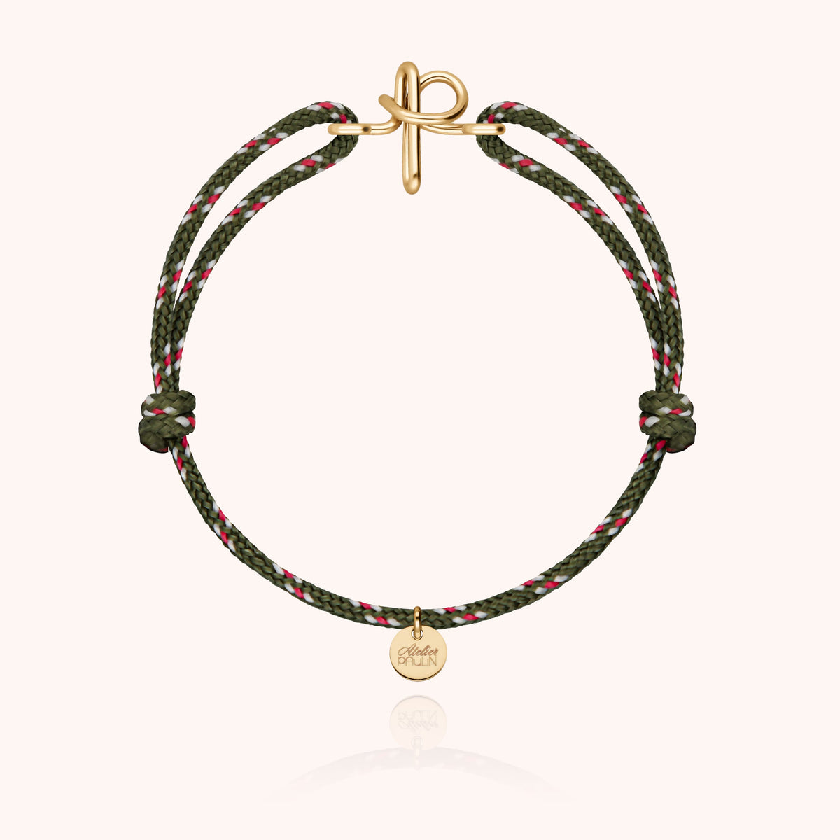 Bracciale Cordino Knot Iniziale Uomo « P » in filo d'oro giallo laminato 14k, cordino kaki
