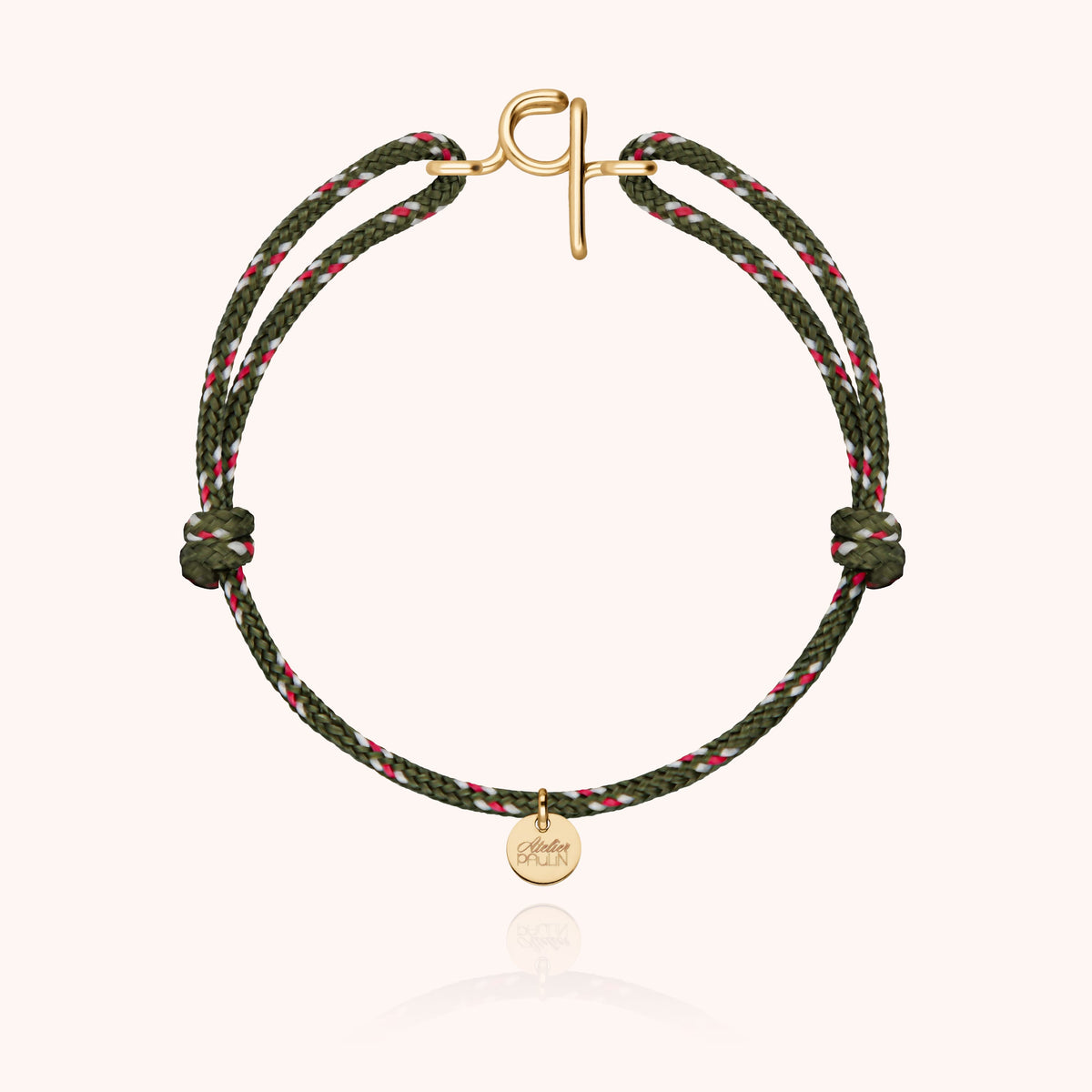 Bracciale Cordino Knot Iniziale Uomo « Q » in filo d'oro giallo laminato 14k, cordino kaki