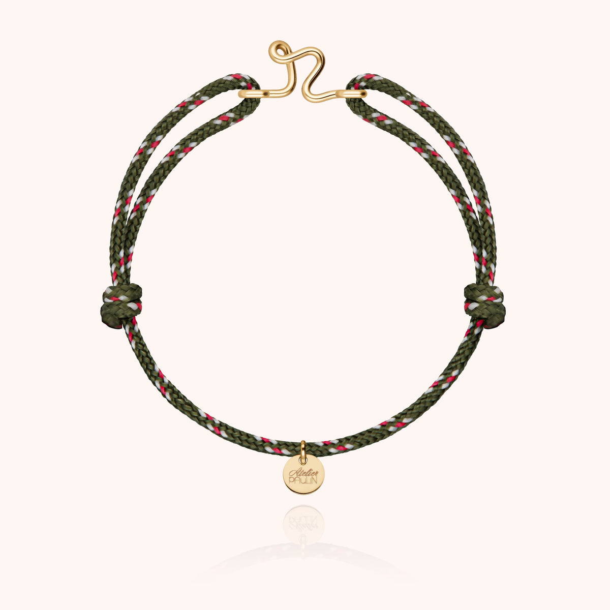 Bracciale Cordino Knot Iniziale Uomo « R » in filo d'oro giallo laminato 14k, cordino kaki