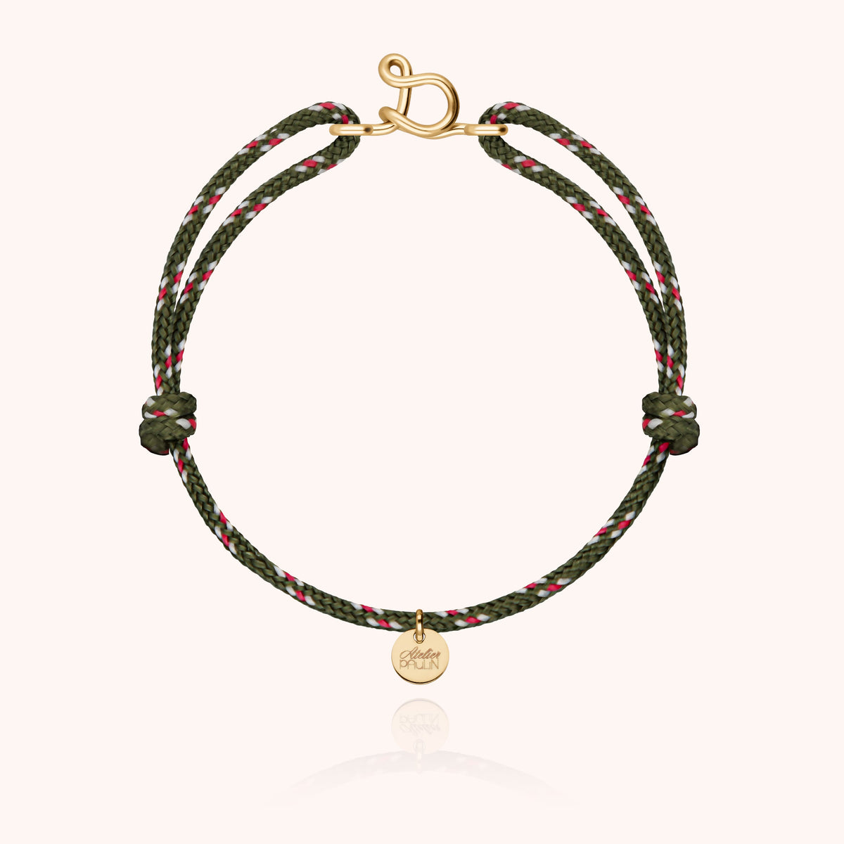 Bracciale Cordino Knot Iniziale Uomo « S » in filo d'oro giallo laminato 14k, cordino kaki