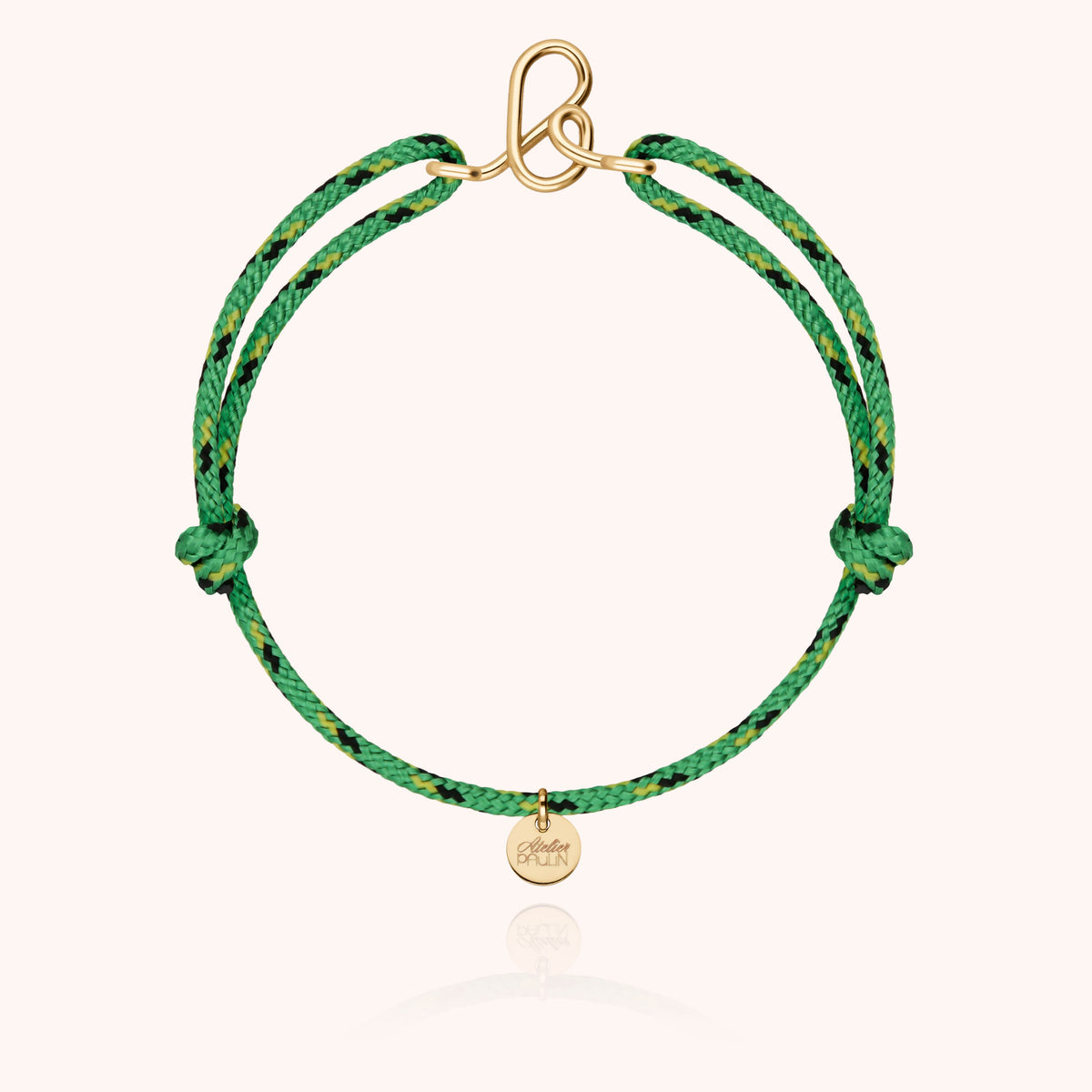 Bracciale Cordino Knot Iniziale Uomo « B » in filo d'oro giallo laminato 14k, cordino verde