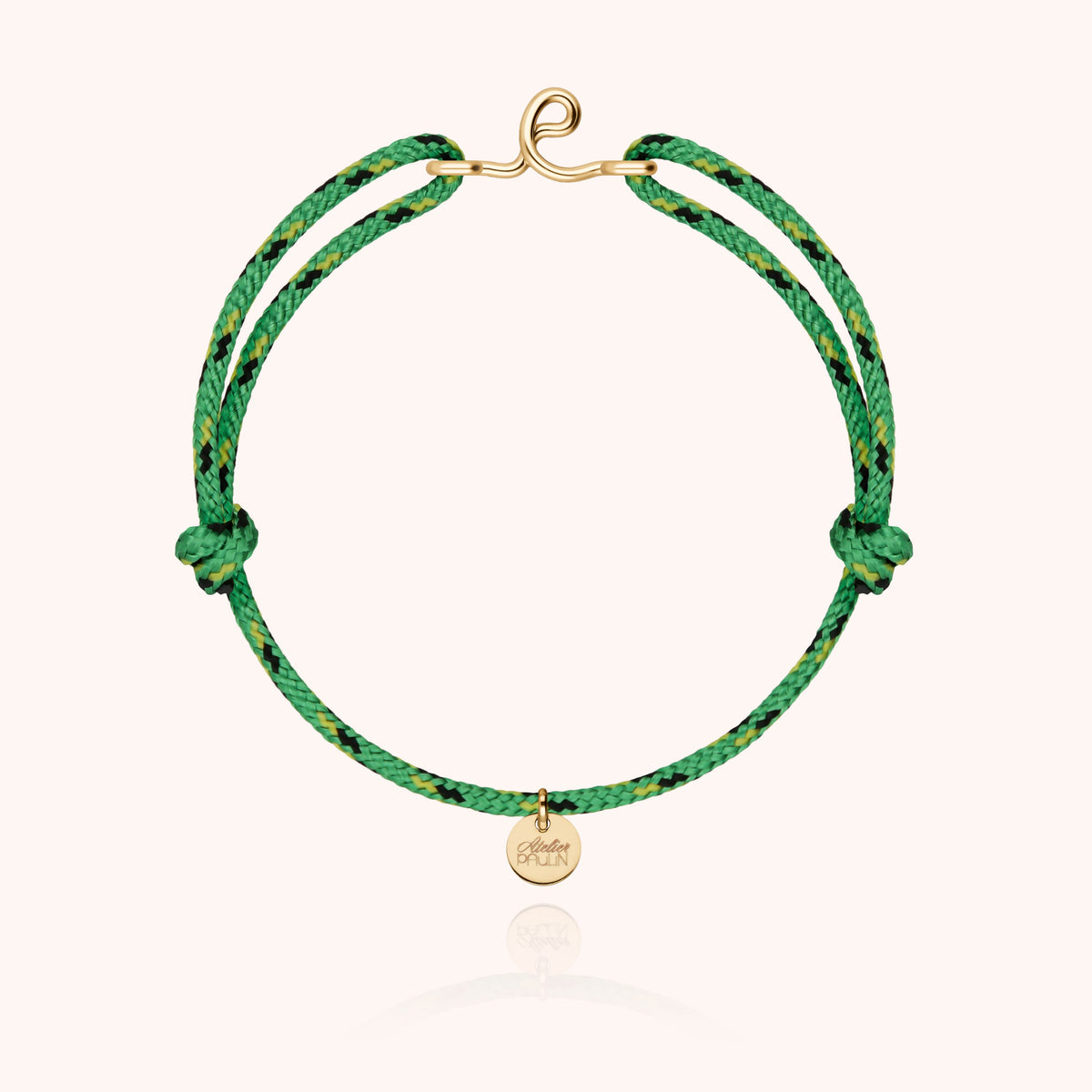 Bracciale Cordino Knot Iniziale Uomo « E » in filo d'oro giallo laminato 14k, cordino verde