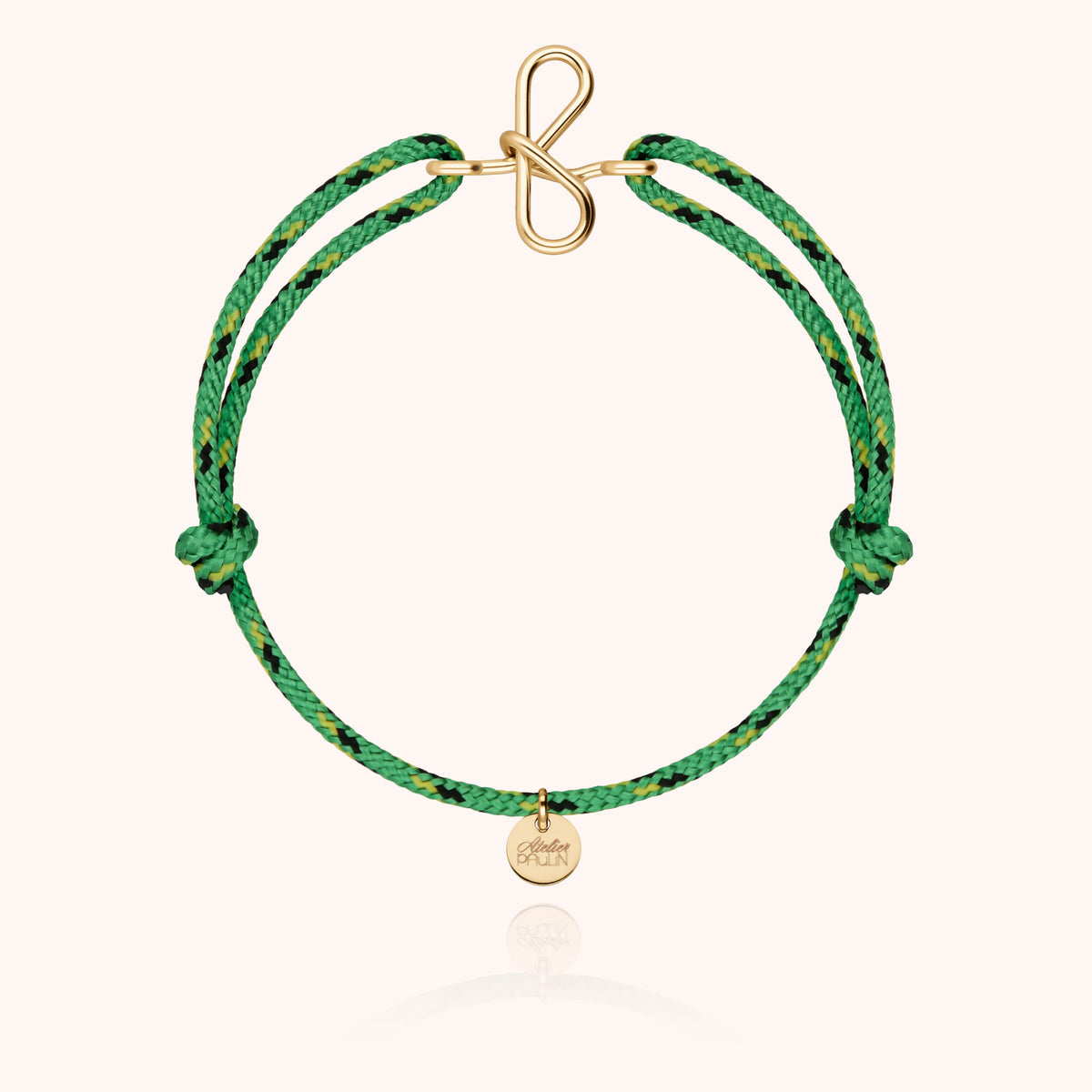 Bracciale Cordino Knot Iniziale Uomo « F » in filo d'oro giallo laminato 14k, cordino verde