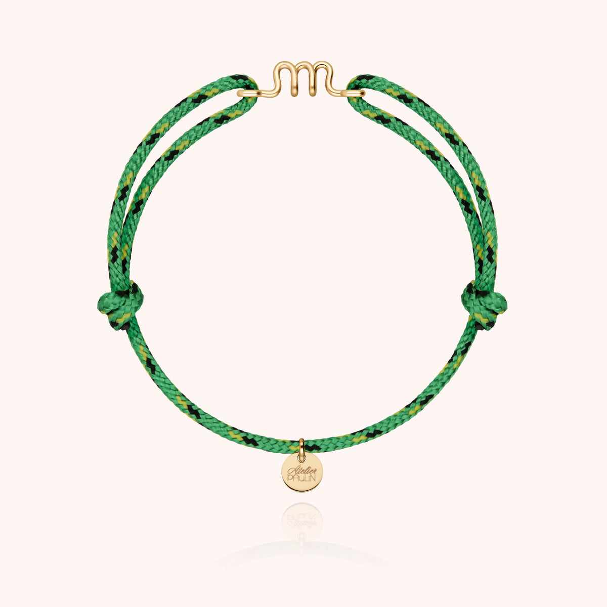 Bracciale Cordino Knot Iniziale Uomo « M » in filo d'oro giallo laminato 14k, cordino verde