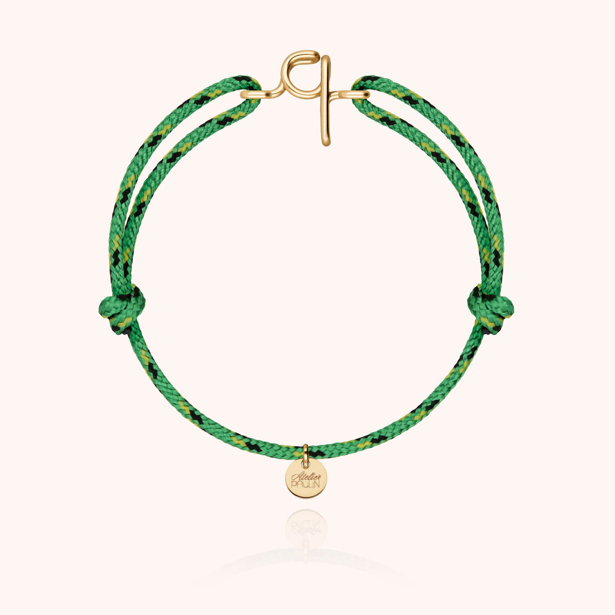 Bracciale Cordino Knot Iniziale Uomo « Q » in filo d'oro giallo laminato 14k, cordino verde
