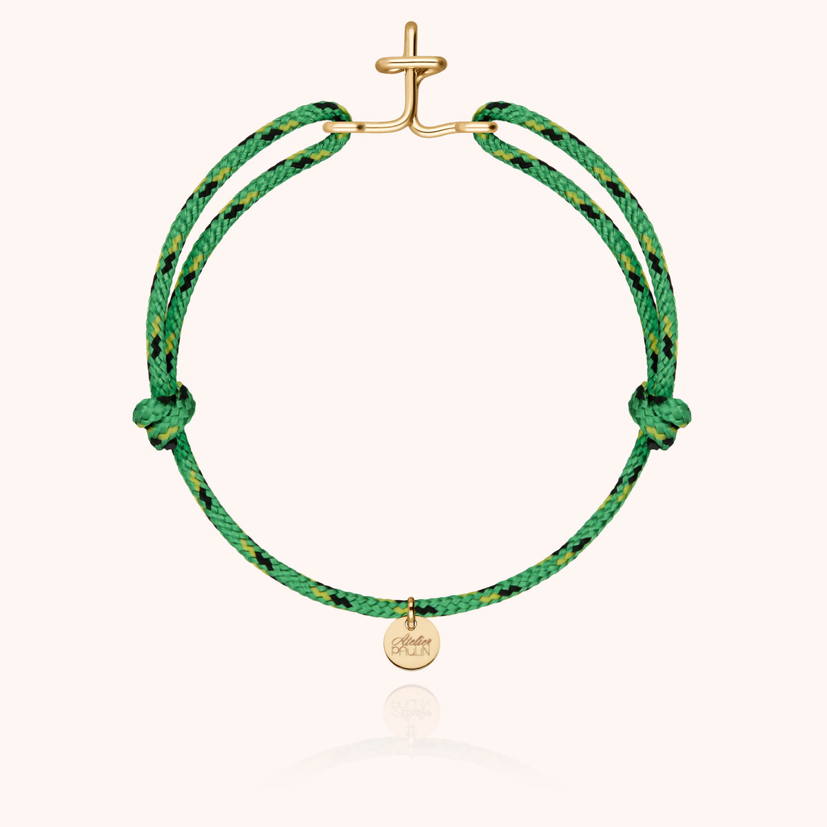 Bracciale Cordino Knot Iniziale Uomo « T » in filo d'oro giallo laminato 14k, cordino verde