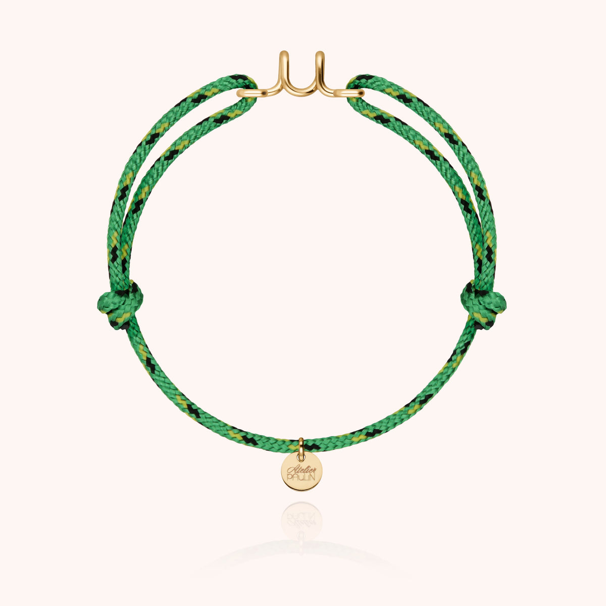 Bracciale Cordino Knot Iniziale Uomo « U » in filo d'oro giallo laminato 14k, cordino verde
