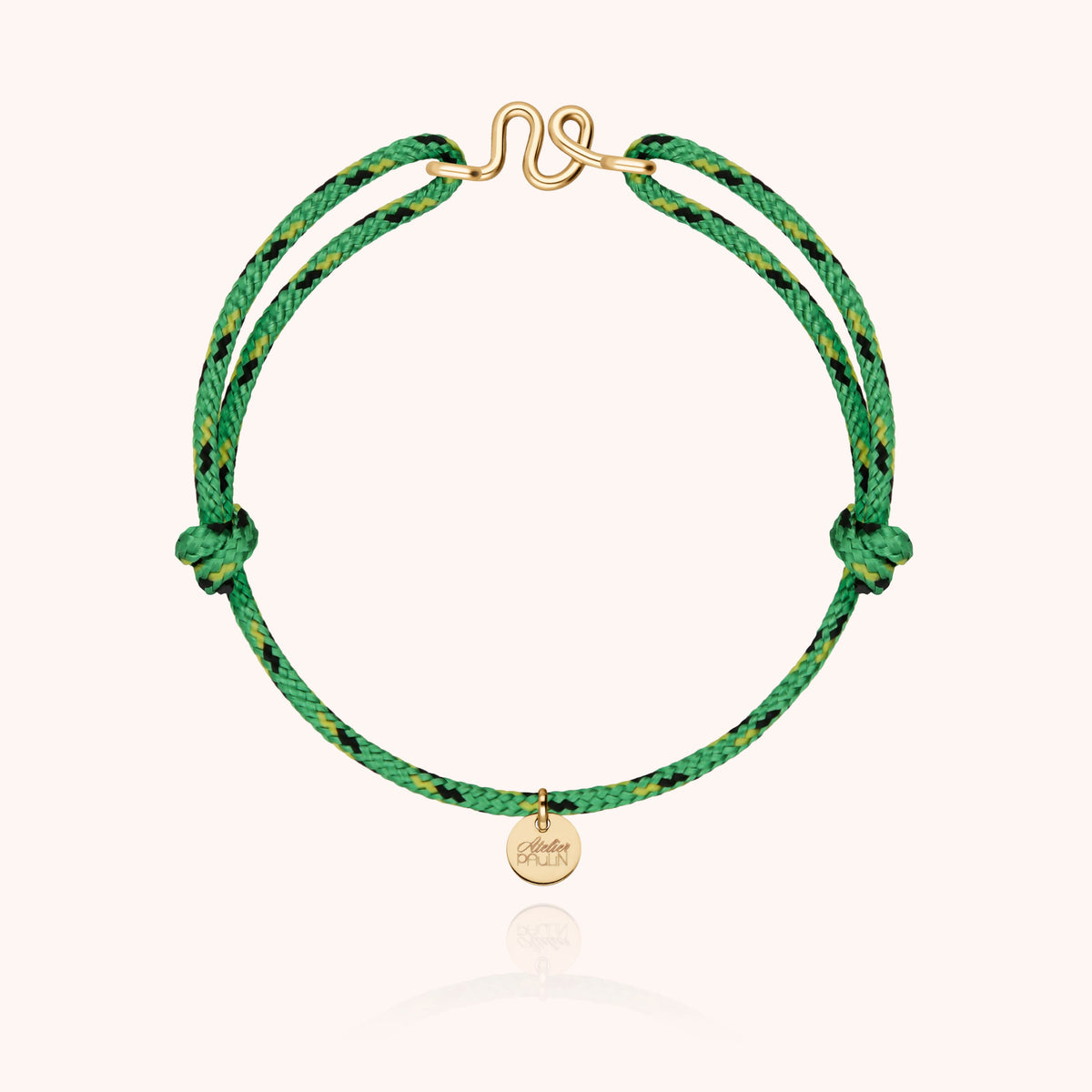 Bracciale Cordino Knot Iniziale Uomo « V » in filo d'oro giallo laminato 14k, cordino verde