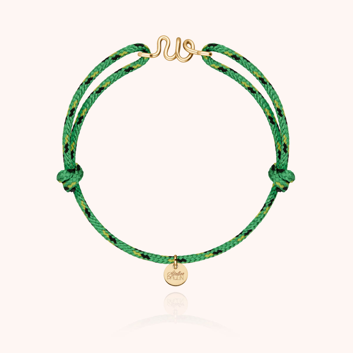 Bracciale Cordino Knot Iniziale Uomo « W » in filo d'oro giallo laminato 14k, cordino verde