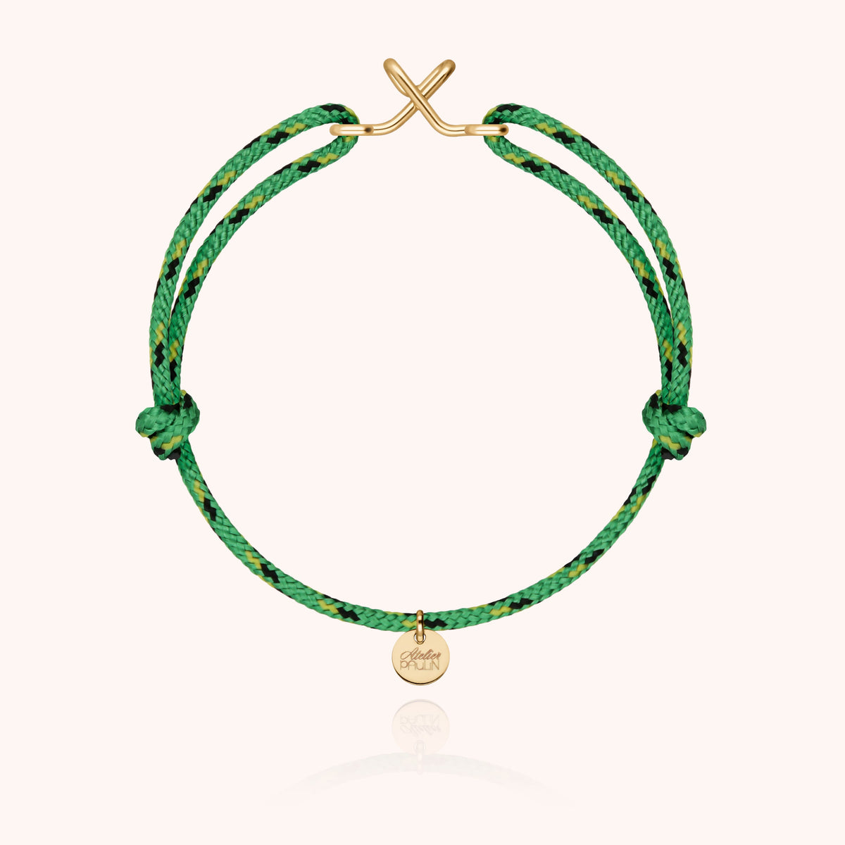 Bracciale Cordino Knot Iniziale Uomo « X » in filo d'oro giallo laminato 14k, cordino verde