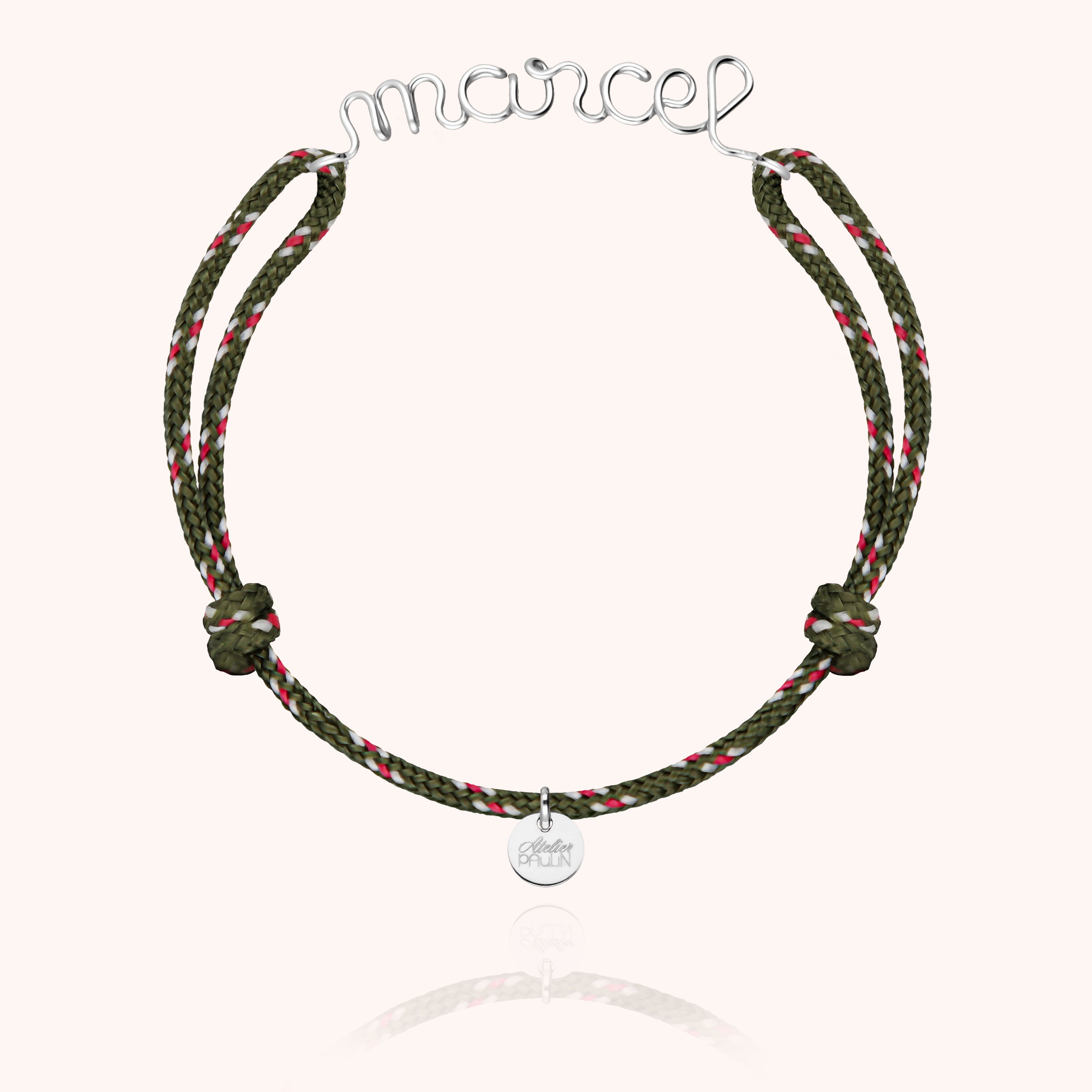 Bracelet cordon initiale argent 925 masculin discret Atelier Paulin - argent sterling - kaki
