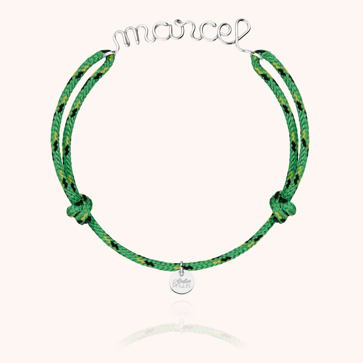 Detail of the hand-shaping on the Personalized Cord Knot Bracelet for Men in 18k white gold wire