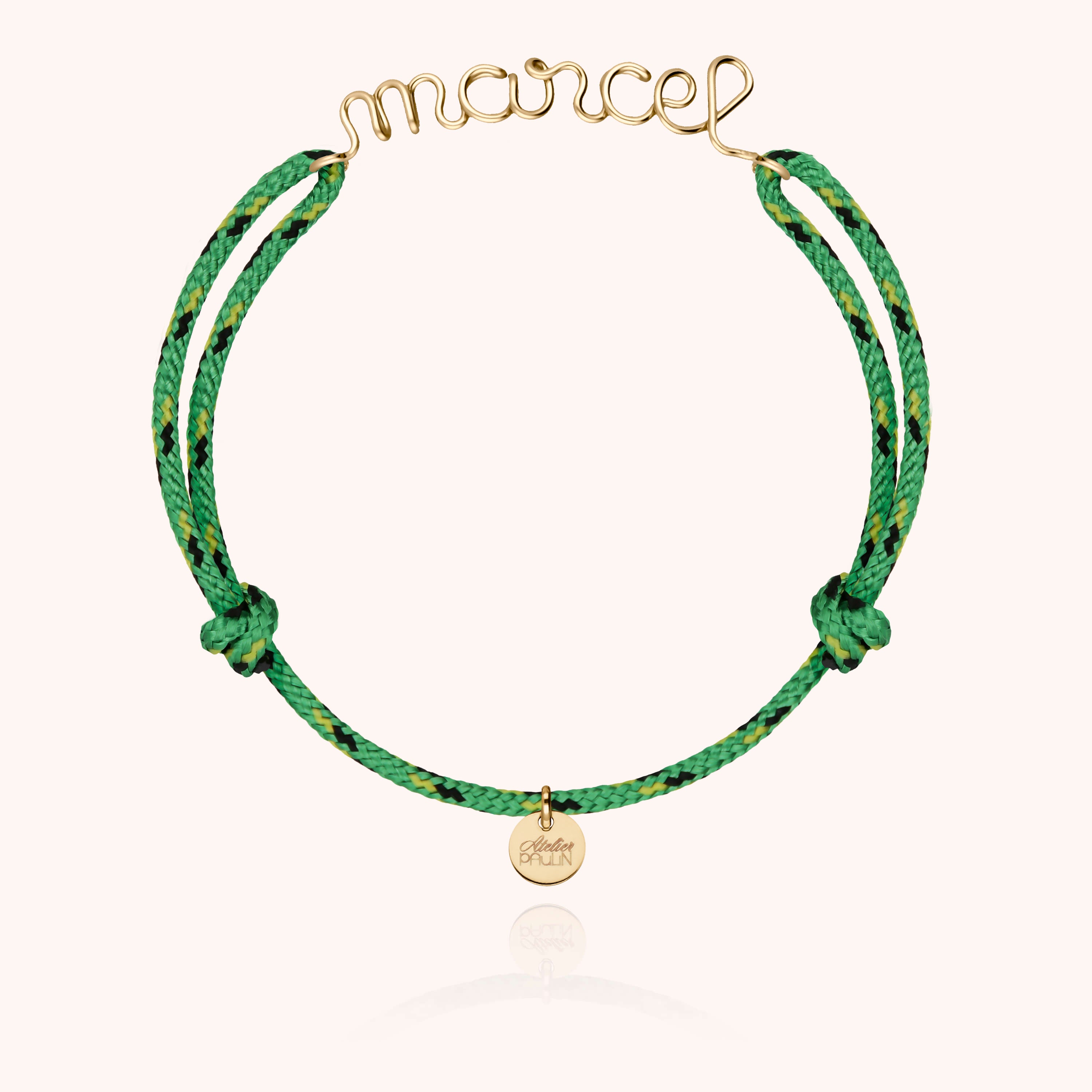 Bracelet cordon initiale masculin discret Atelier Paulin - or jaune 750/1000 - vert