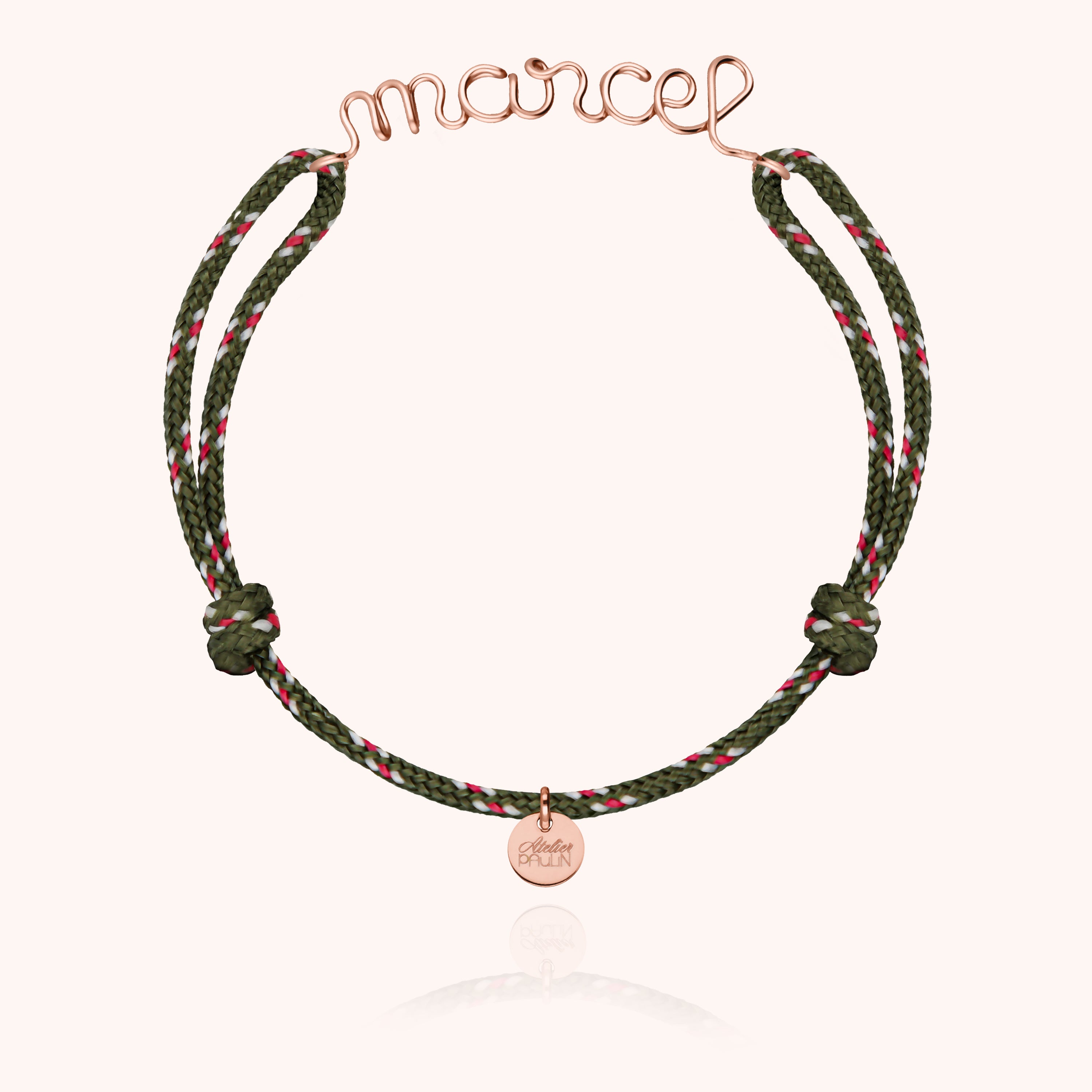 Bracelet cordon lettre personnalisée bijou élégant homme Paris - or rose 750/1000 - kaki