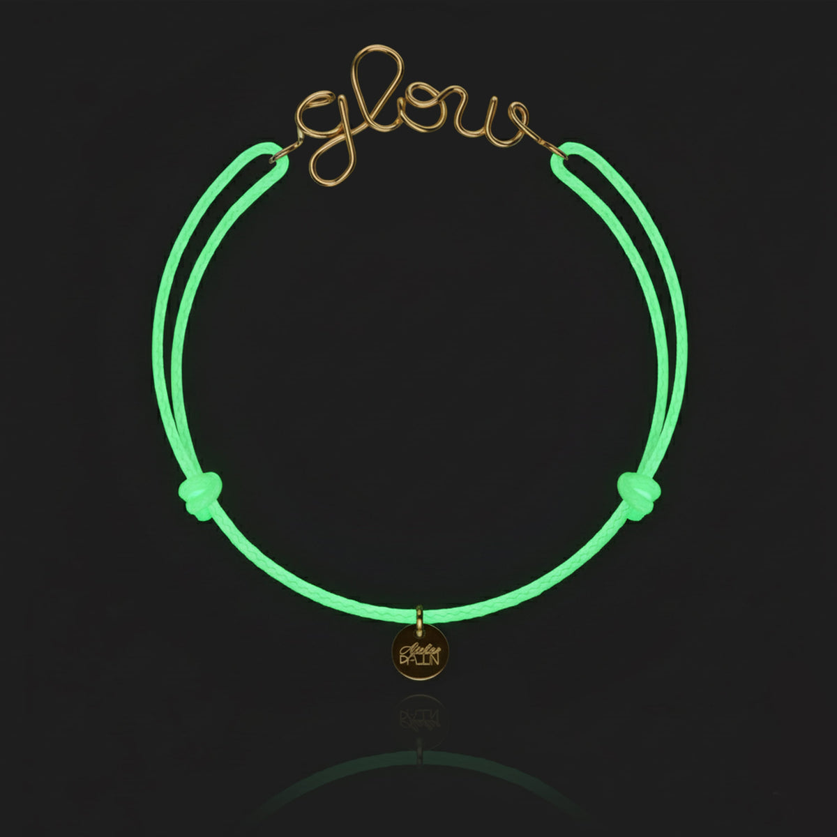 Bracciale Cordino Fosforescente Personalizzato in filo d'oro giallo laminato 14k, portato al polso