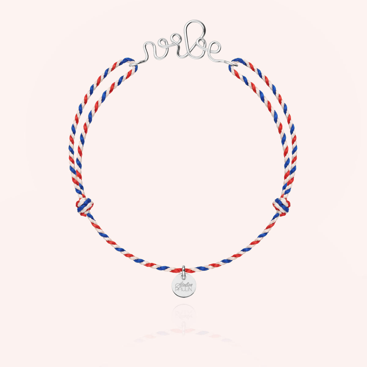 Bracelet Personnalisé Cordon France en or blanc 750/1000, cordon tricolore bleu blanc rouge