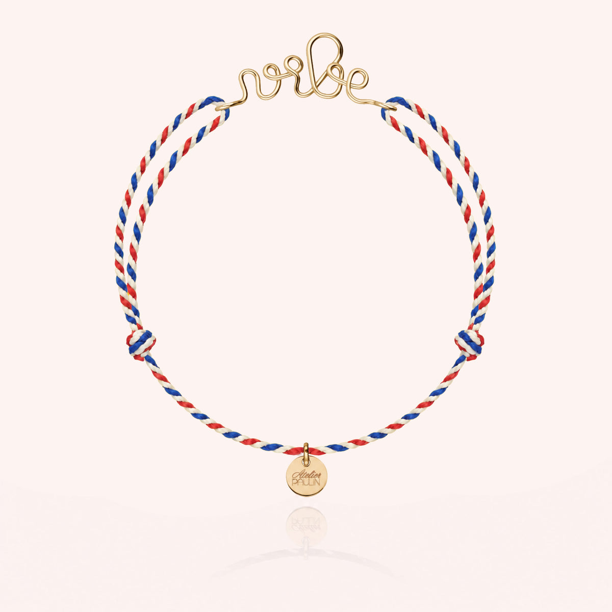 Bracelet Personnalisé Cordon France en or jaune 750/1000, cordon tricolore bleu blanc rouge