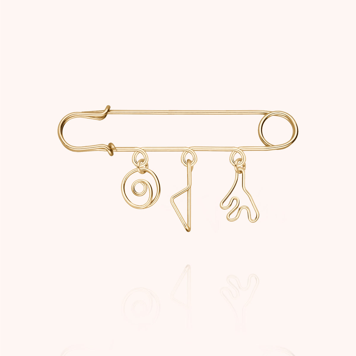 Trio Corsica Charms Brooch in 14k yellow gold-filled wire, three hanging charms
