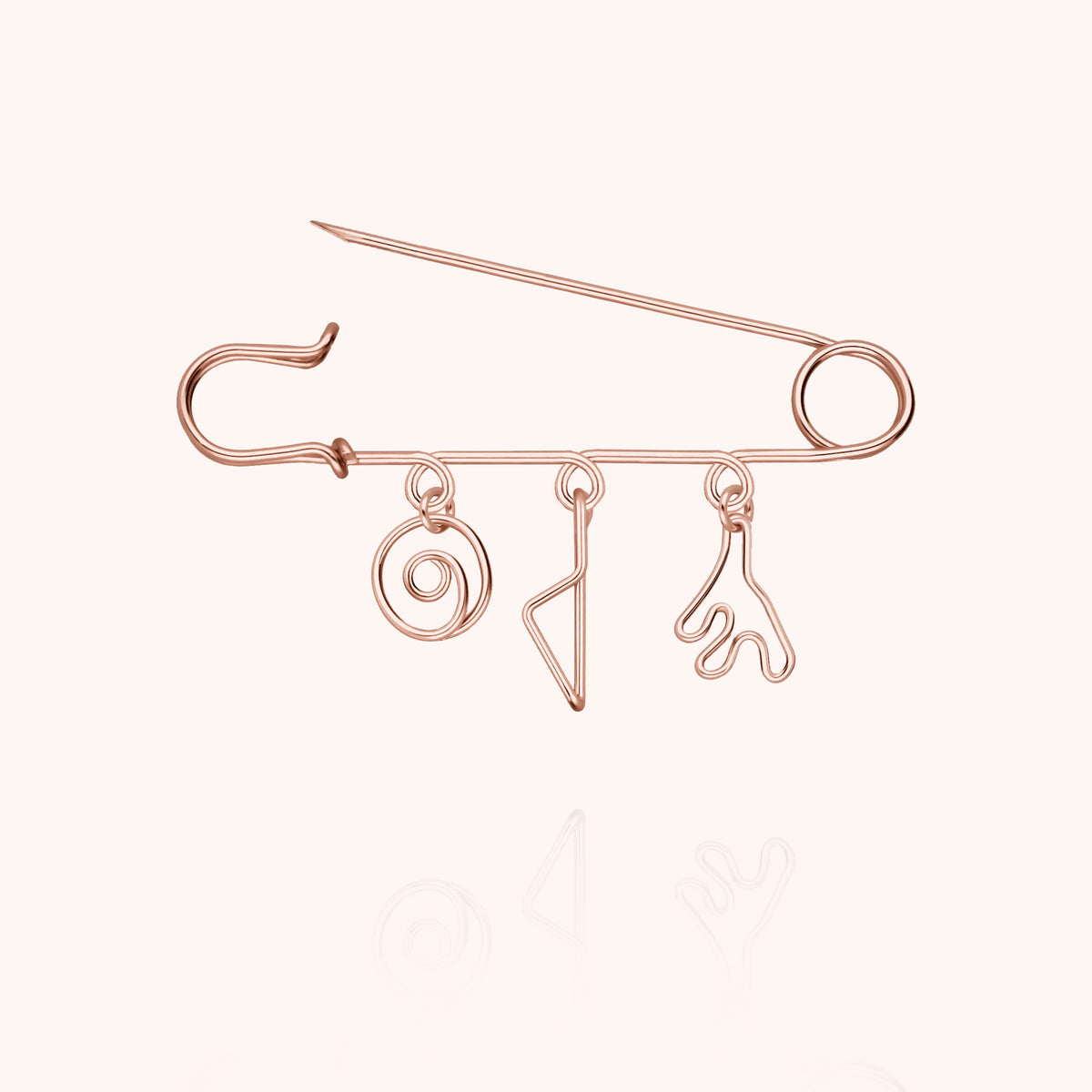 Trio Corsica Charms Brooch in 14k rose gold-filled wire, pin open