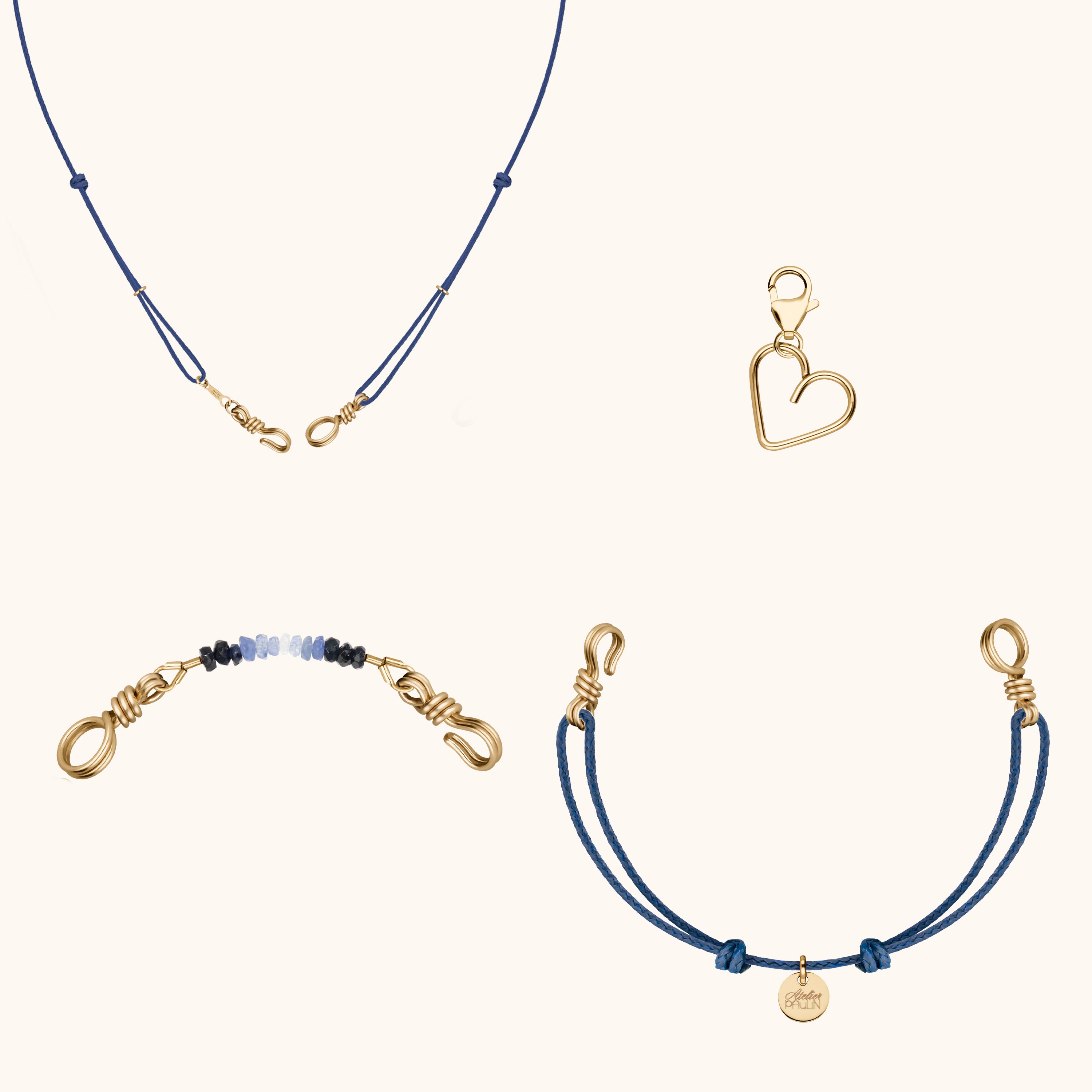 Détail du fermoir signature Attache-Moi en or laminé jaune avec pierres fines colorées