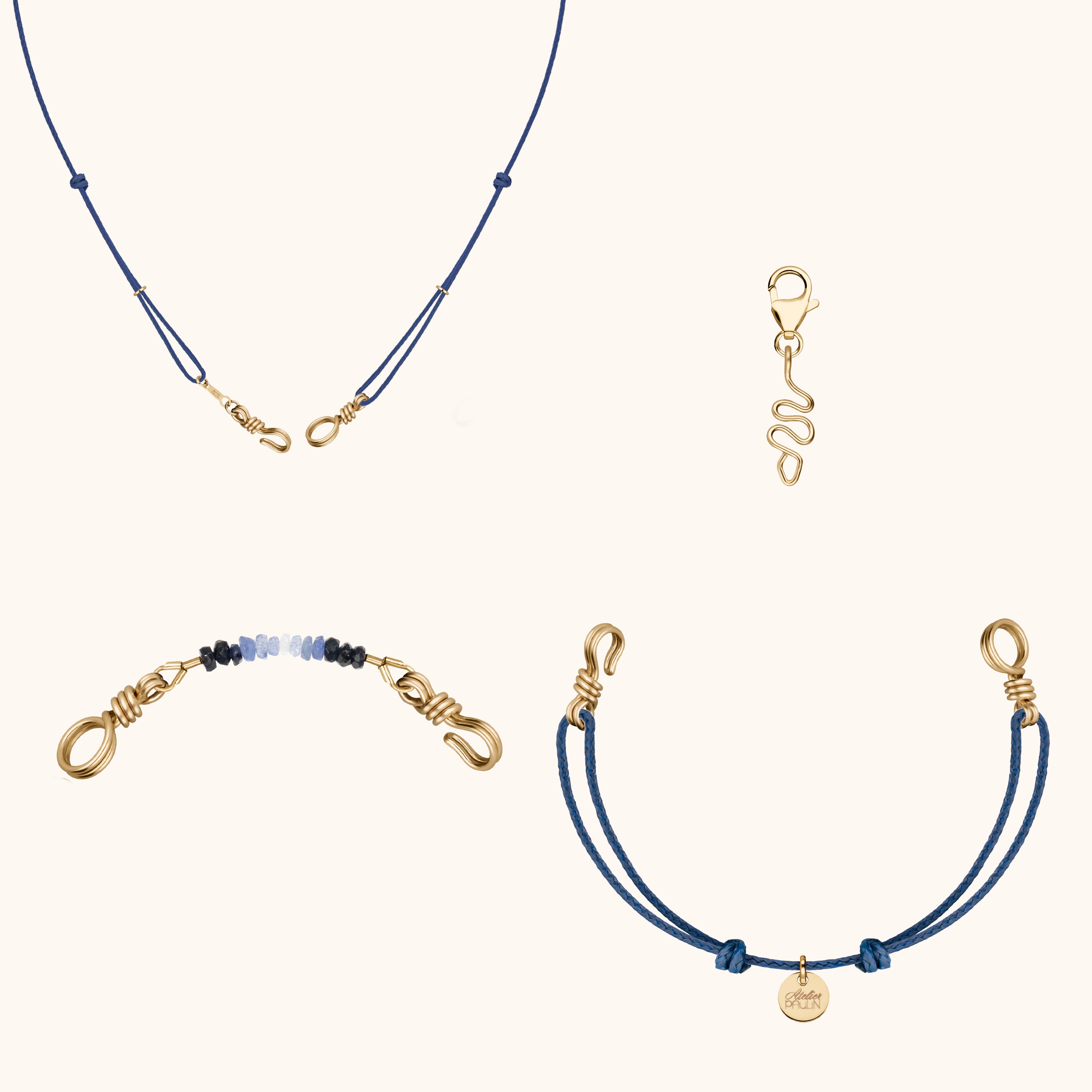 Collier cordon en or laminé jaune porté avec pendentif détachable coloré