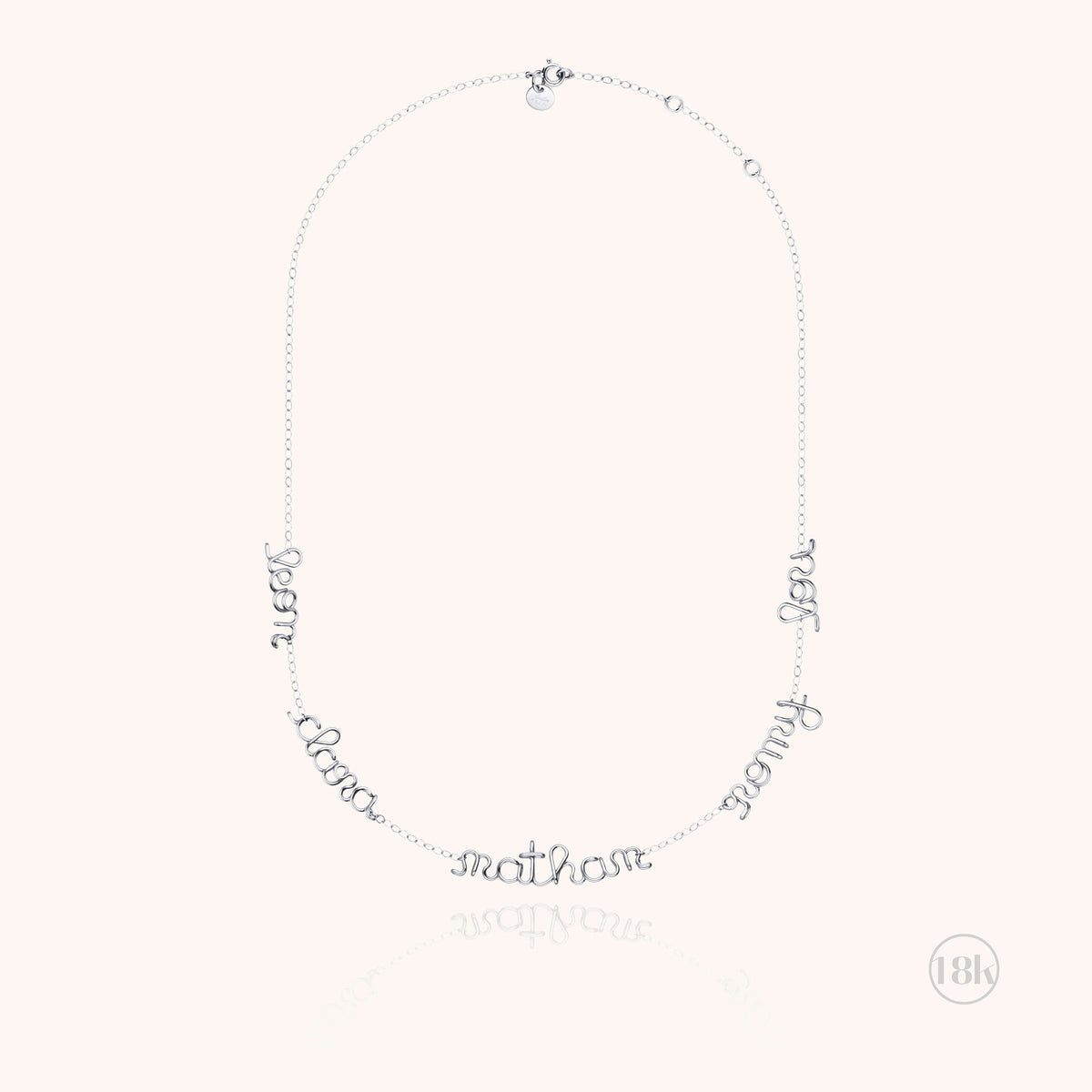 Close-up of the 18k white gold wire on the Original Personalized Mantra Necklace